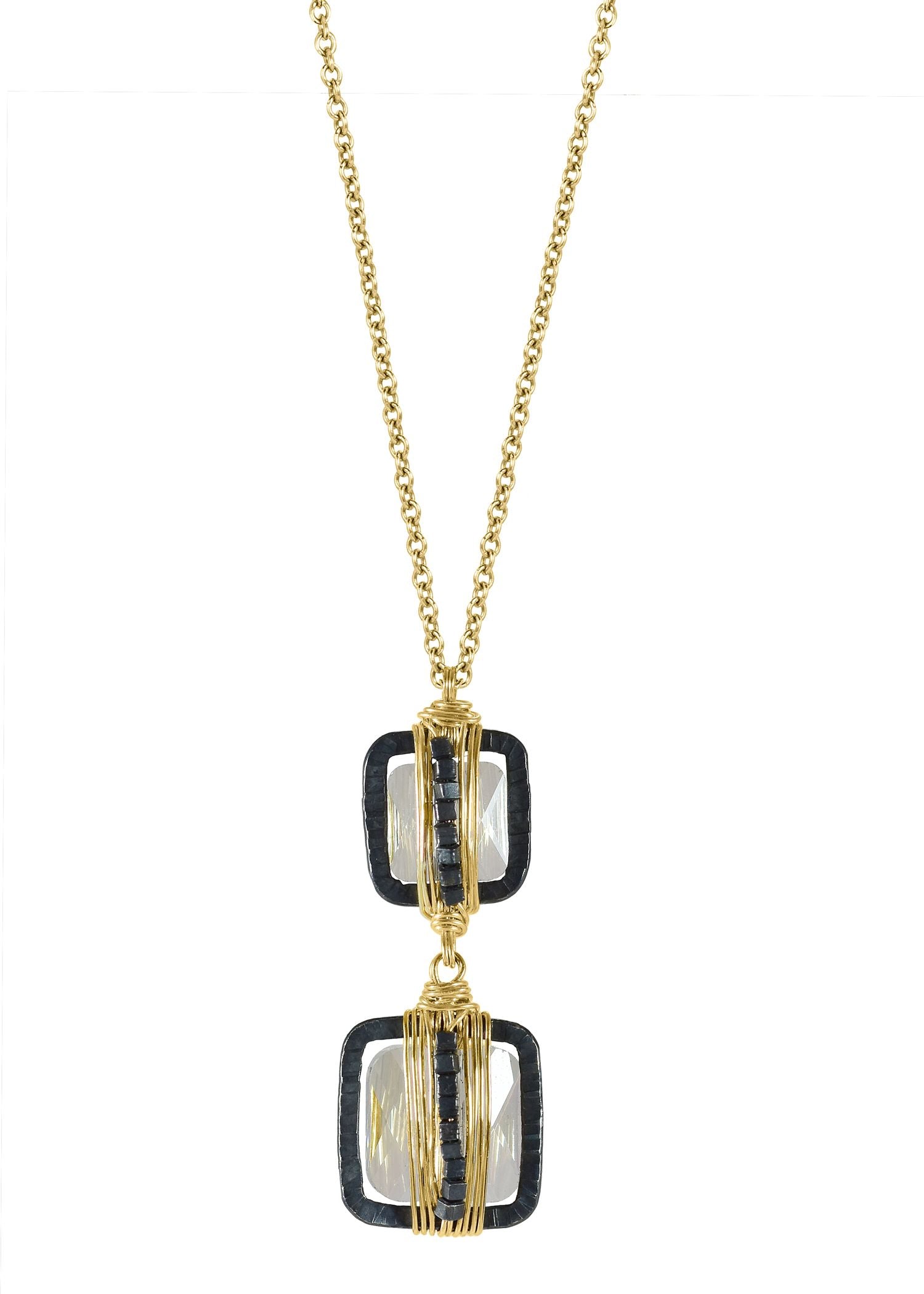 Double pendant necklace with crystal, 14k gold fill, and blackened sterling silver, featuring hand wire-wrapped detail.