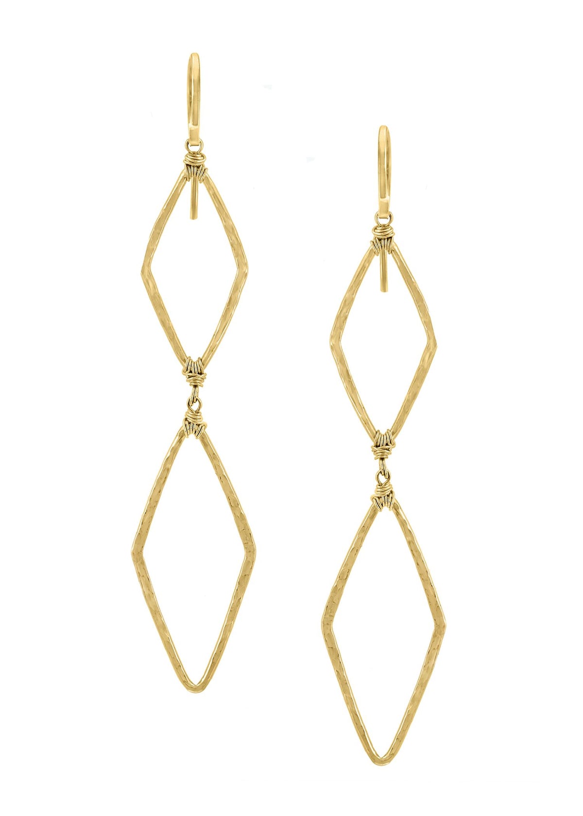 Double diamond earrings in 14k gold fill with hand wire-wrapped textured geometric shapes.