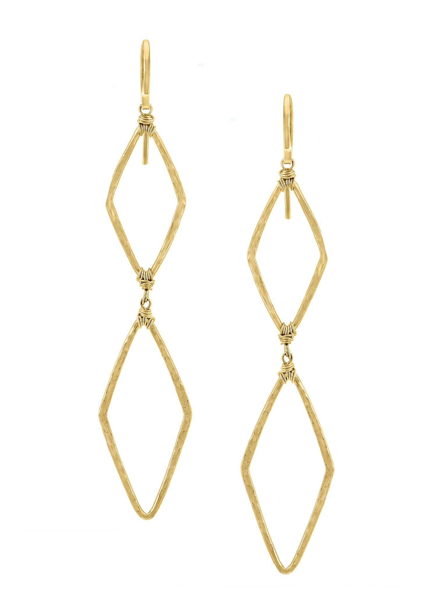 Double diamond earrings in 14k gold fill with hand wire-wrapped textured geometric shapes.