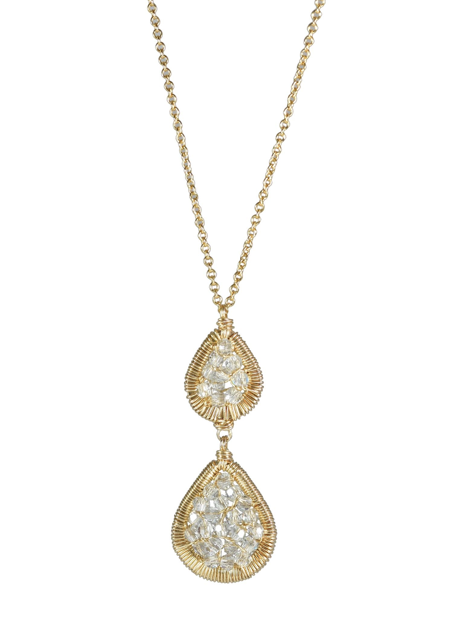 Crystal necklace in 14k gold fill with two hand wire-wrapped, graduated teardrop-shaped mosaic pendants.