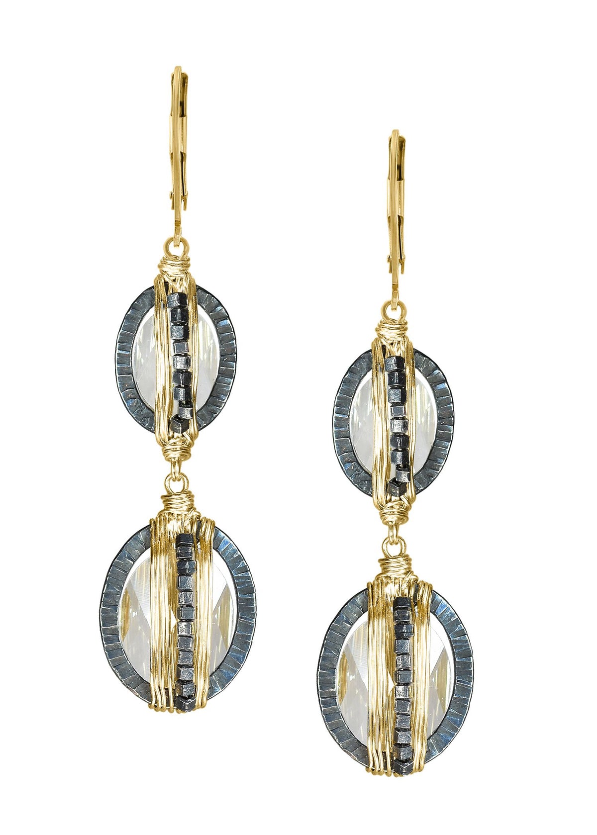Double ellipse earrings with oval crystals, 14k gold fill hand wire-wrapped, blackened sterling silver, and silver cubes.