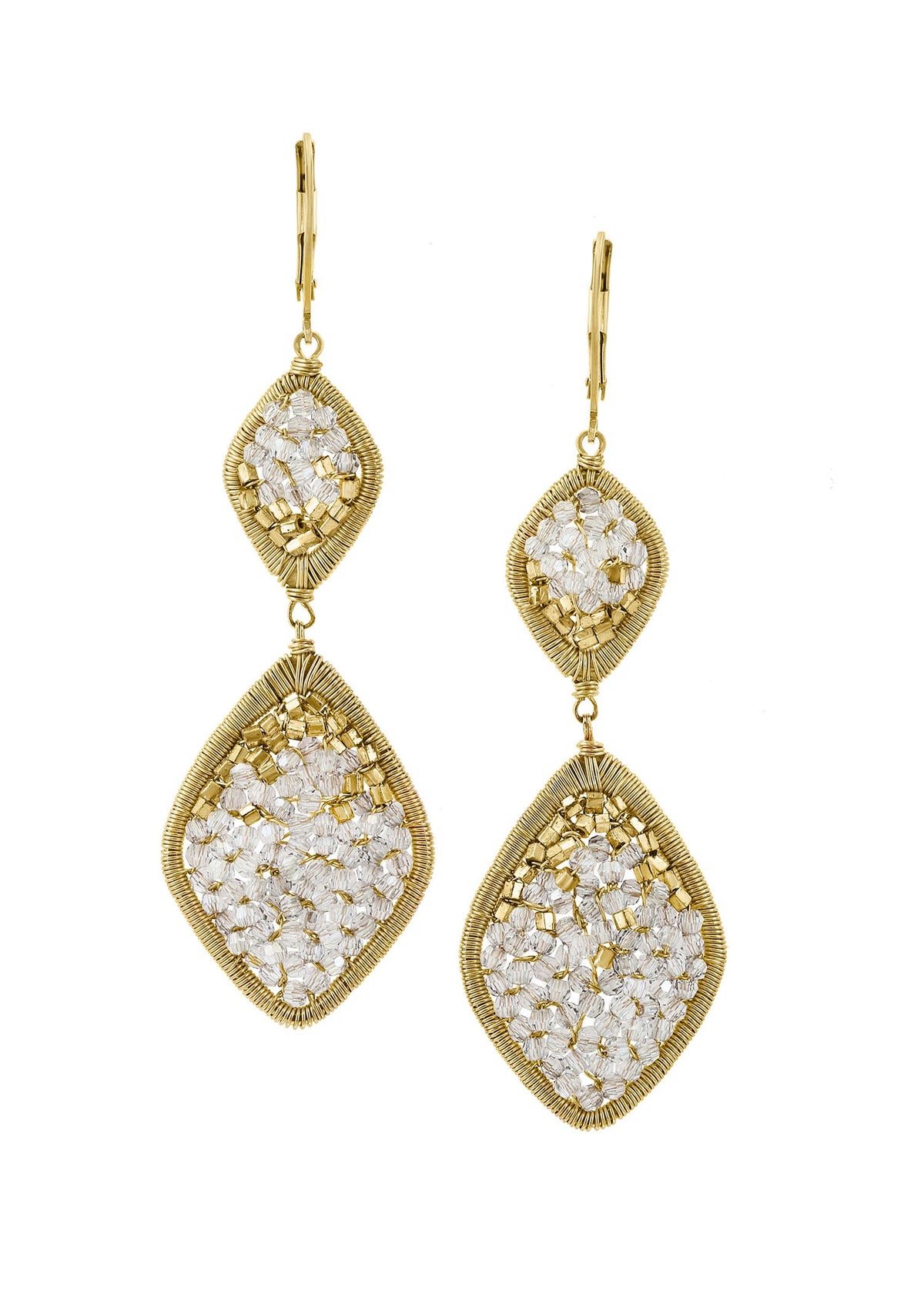 Crystal earrings in 14k gold fill with hand wire-wrapped diamond shapes and ombré mosaic detailing.
