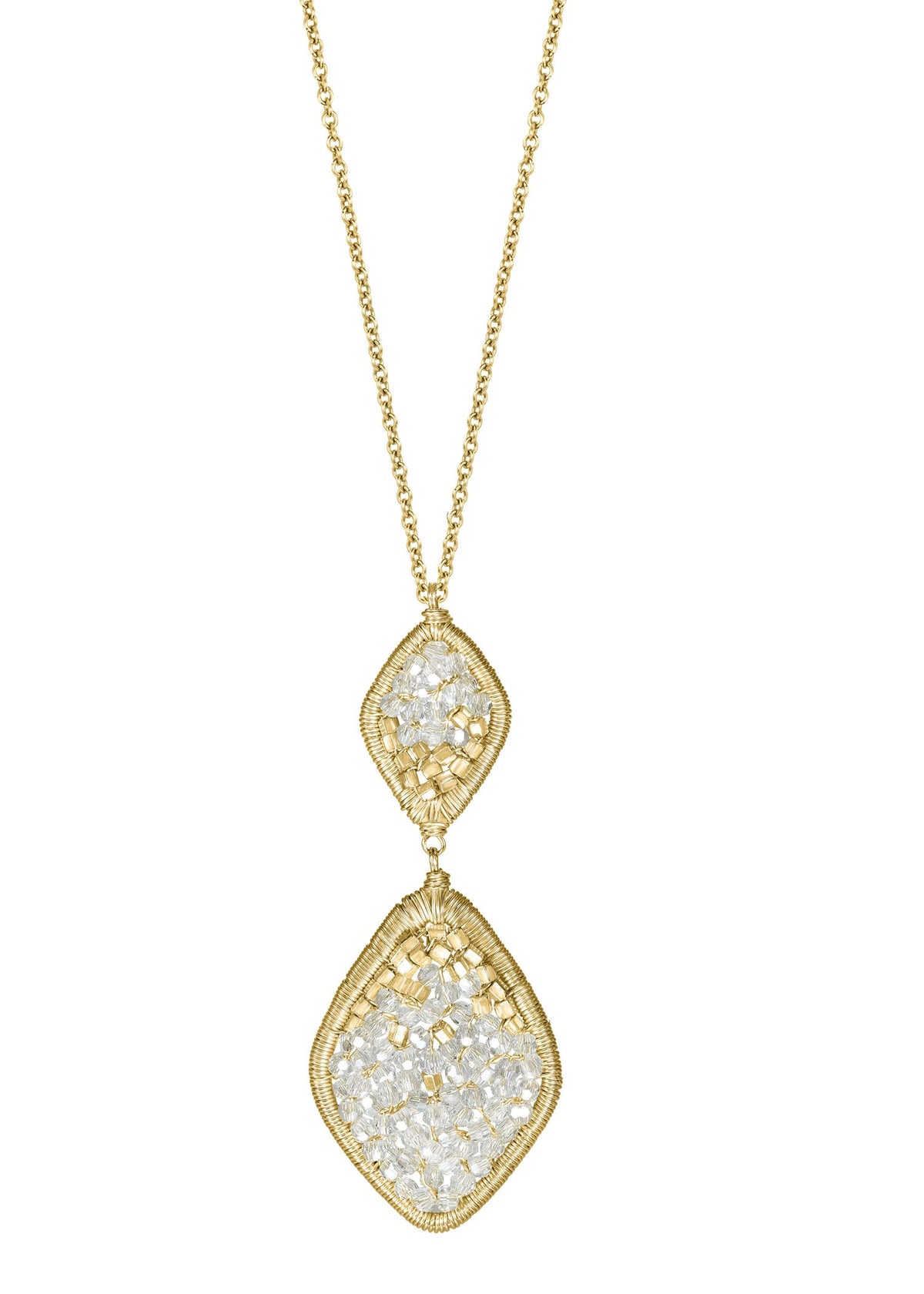 Crystal seed bead necklace in 14k gold fill with hand wire-wrapped ombré flame pendants on a 17-inch chain.