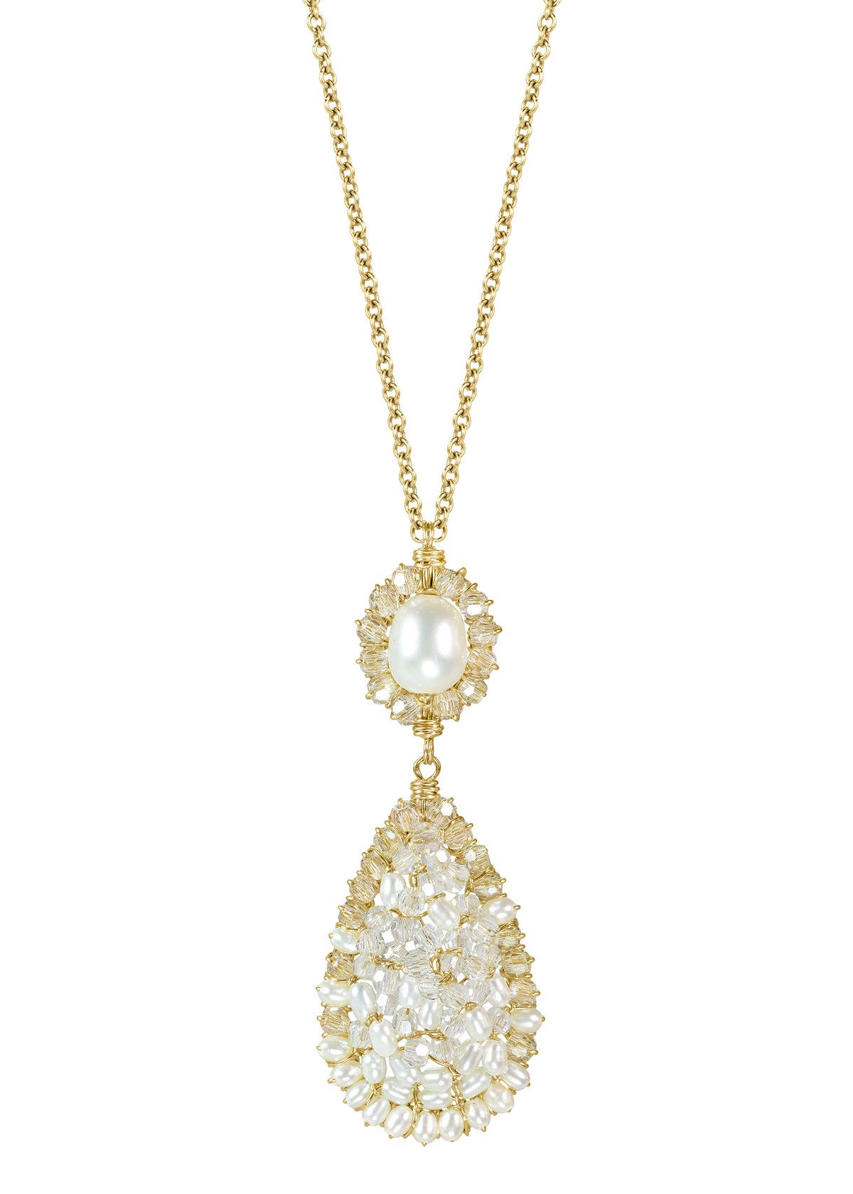 Crystal and freshwater pearl necklace on a 14k gold fill chain with a hand wire-wrapped mosaic pendant.