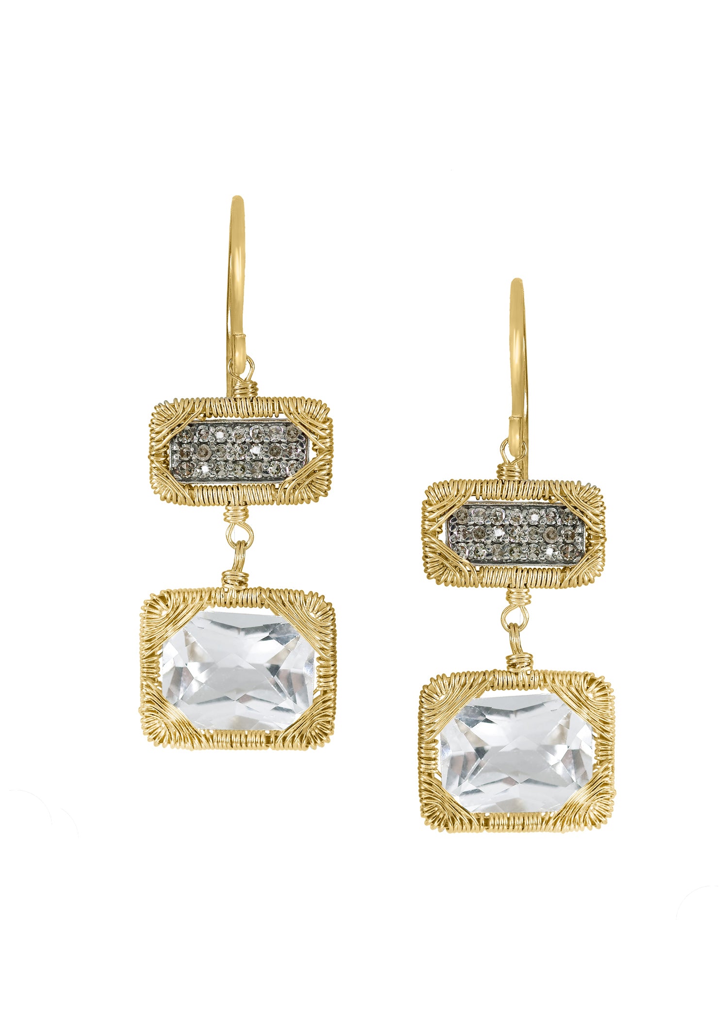 Double drop earrings with diamond and white topaz in 14k gold and sterling silver, featuring hand wire-wrapped settings.