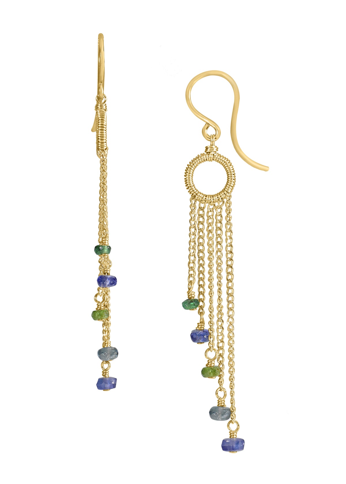 Drizzle earrings with kyanite, apatite, and chrome diopside, hand wire-wrapped in 14k gold fill with blue and green stones.