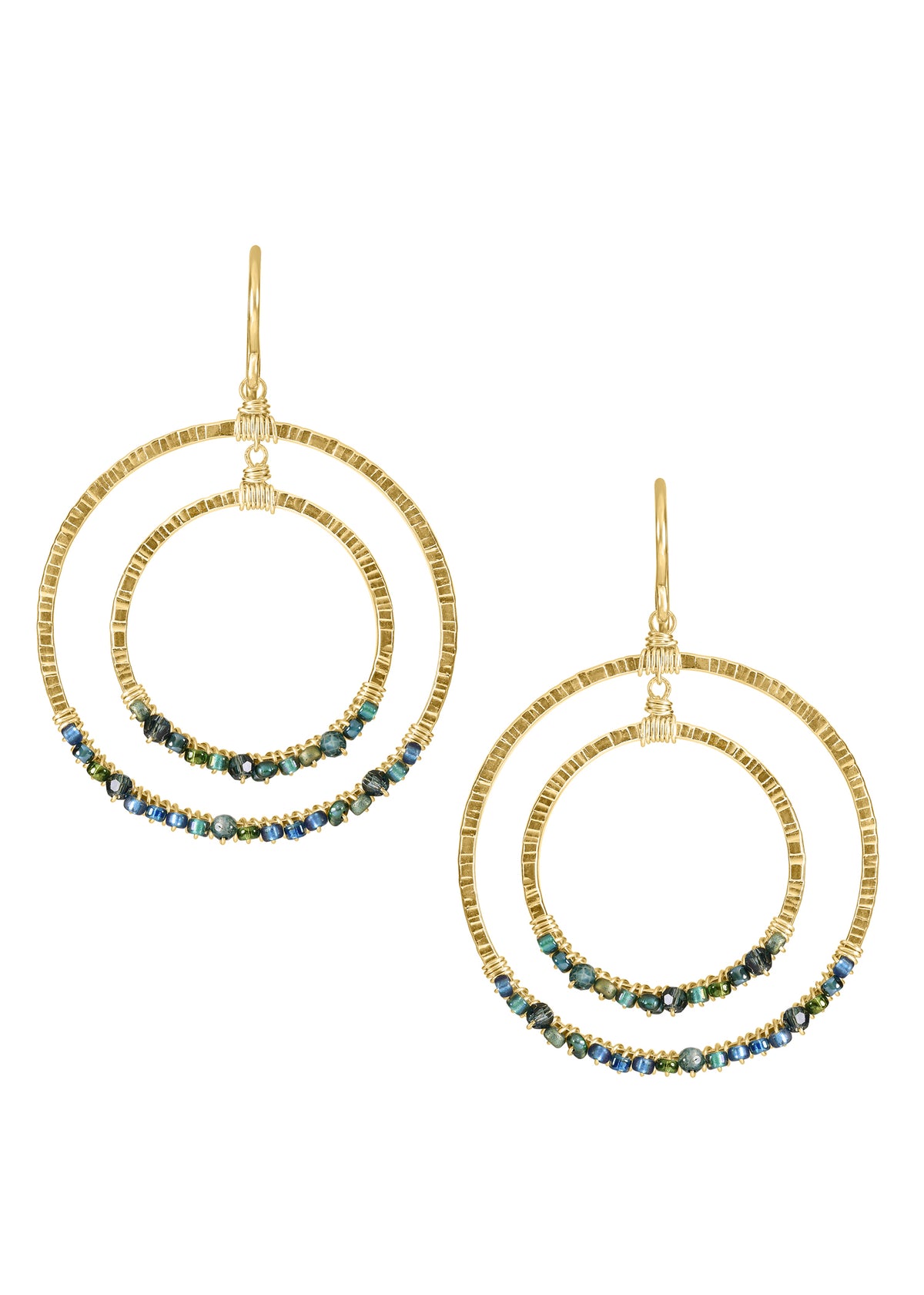 Teal quartz Crystal Seed beads 14k gold fill Earrings measure 1-5/8&quot; in length (including the ear wires) Outer diameter measures 1-3/16&quot; Handmade in our Los Angeles studio