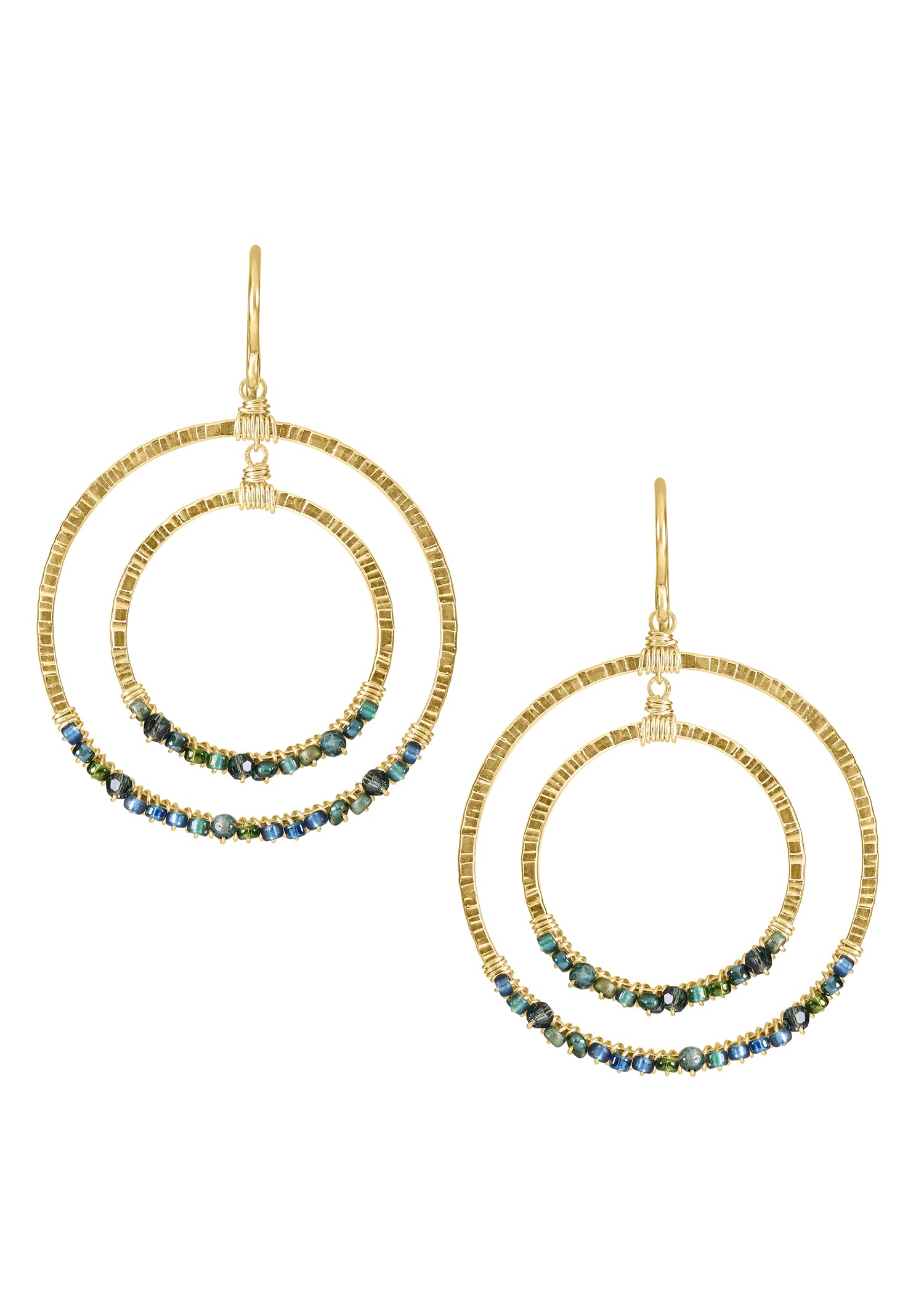 Teal quartz Crystal Seed beads 14k gold fill Earrings measure 1-5/8" in length (including the ear wires) Outer diameter measures 1-3/16" Handmade in our Los Angeles studio
