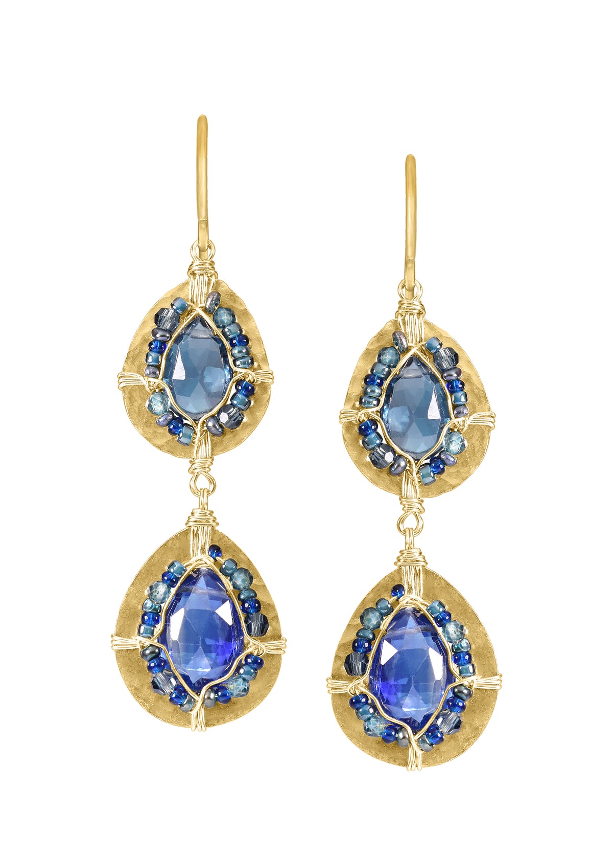 Kyanite Blue quartz Crystal Seed beads 14k gold fill Earrings measure 1-7/8&quot;&quot; in length (including the ear wires) and 1/2&quot; in width at the widest point Handmade in our Los Angeles studio