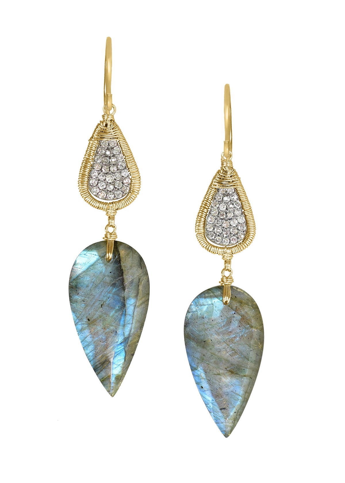 Diamond Labradorite 14k gold Sterling silver Mixed metal Special order only Earrings measure 2-1/4&quot; in length (including the ear wires) and 1/2&quot; in width at the widest point Handmade in our Los Angeles studio