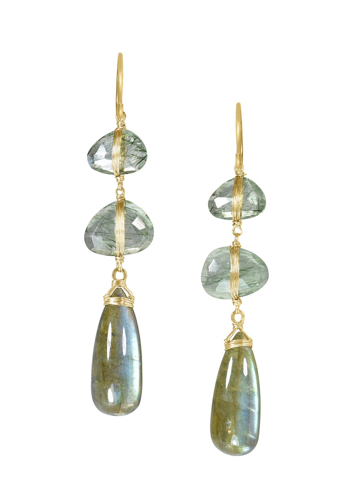 Green rutilated quartz labradorite 14k gold Limited quantities. Special order only. Each pair varies slightly. Handmade in our Los Angeles studio