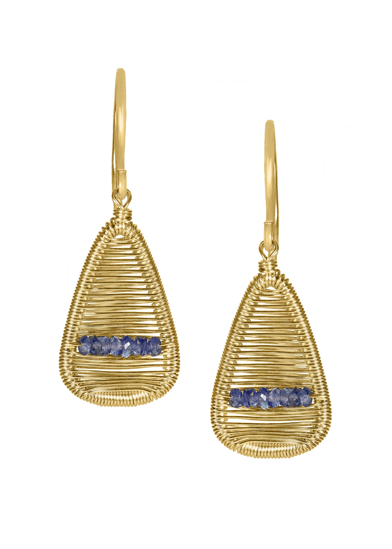 Blue sapphire 14k gold fill Earrings measure 1-1/8" in length (including ear wires) and 1/2" in width at the widest point Handmade in our Los Angeles studio