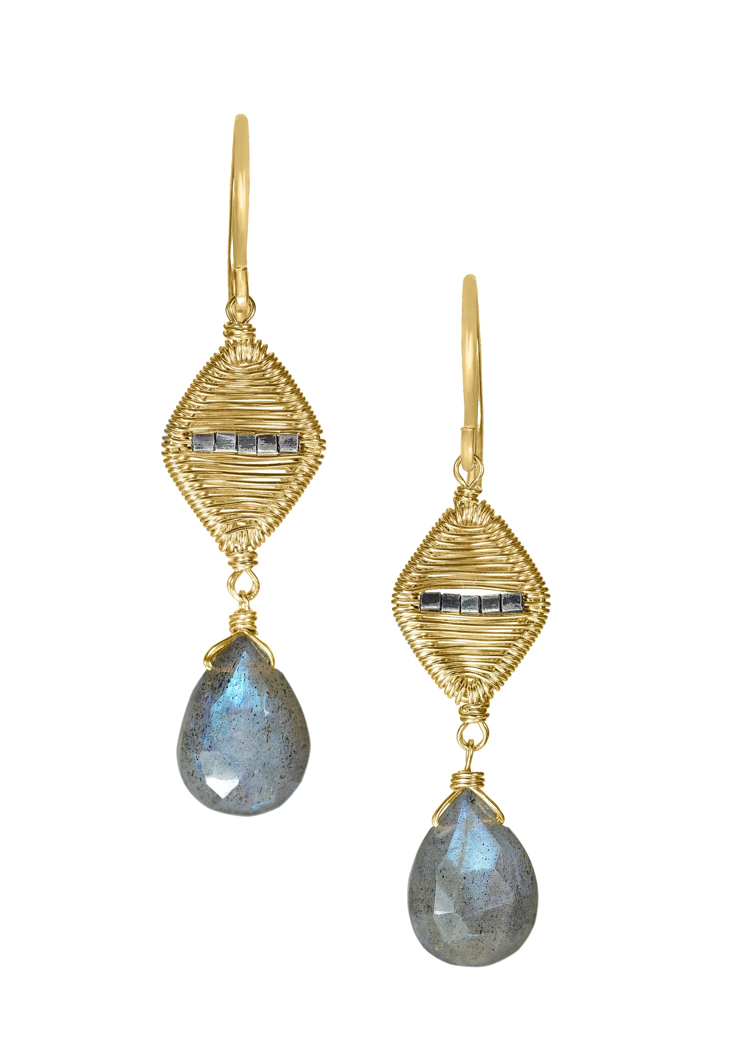 Labradorite 14k gold fill Sterling silver Mixed metal Earrings measure 1-1/2" in length (including the ear wires) and 3/8" in width at the widest point Handmade in our Los Angeles studio