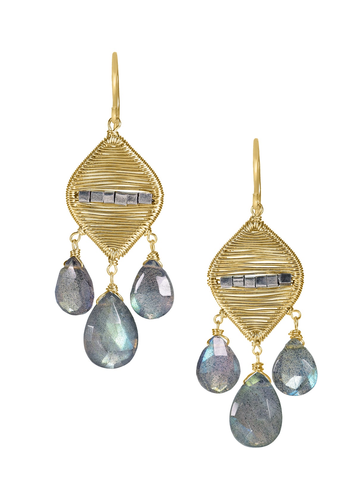 Labradorite 14k gold fill Sterling silver Mixed metal Earrings measure 1-3/4&quot; in length (including the ear wires) and 9/16&quot; in width at the widest point Handmade in our Los Angeles studio
