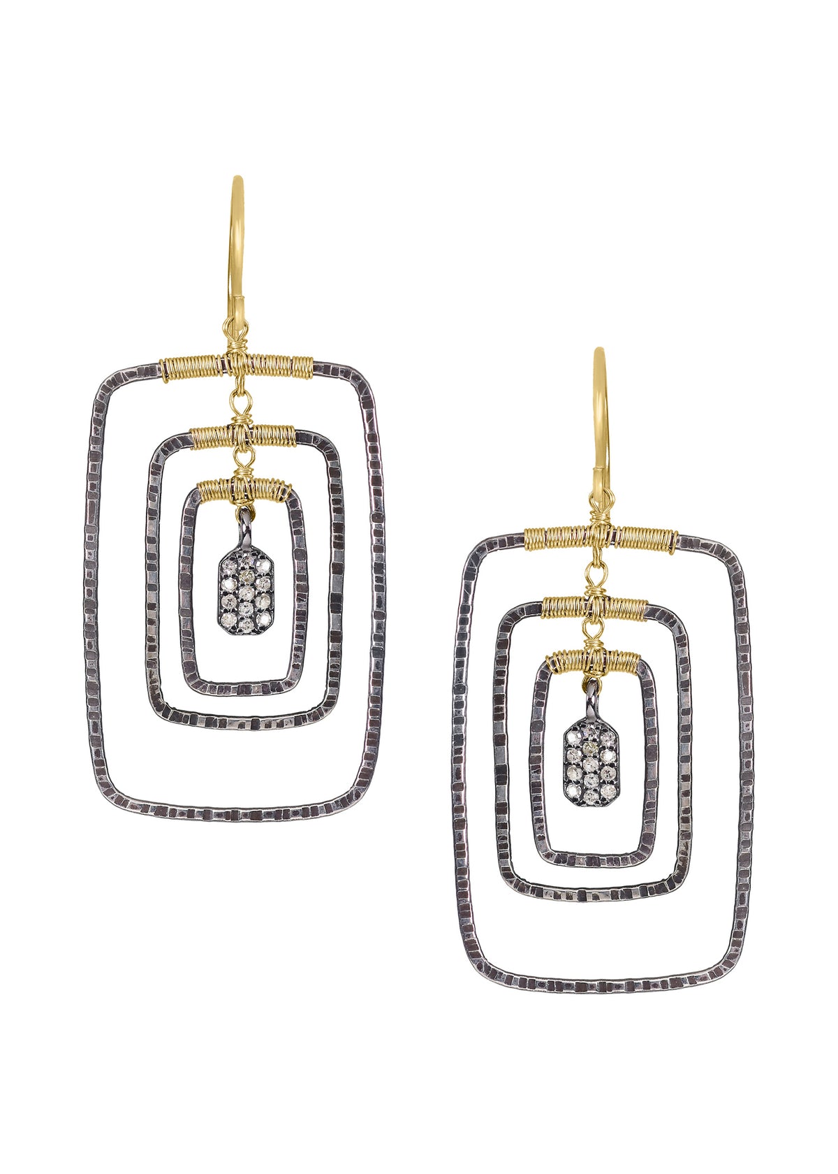 Diamond 14k gold Sterling silver Mixed metal Earrings measure 1-15/16&quot; in length (including the ear wires) and 13/16&quot; in width at the widest point Handmade in our Los Angeles studio