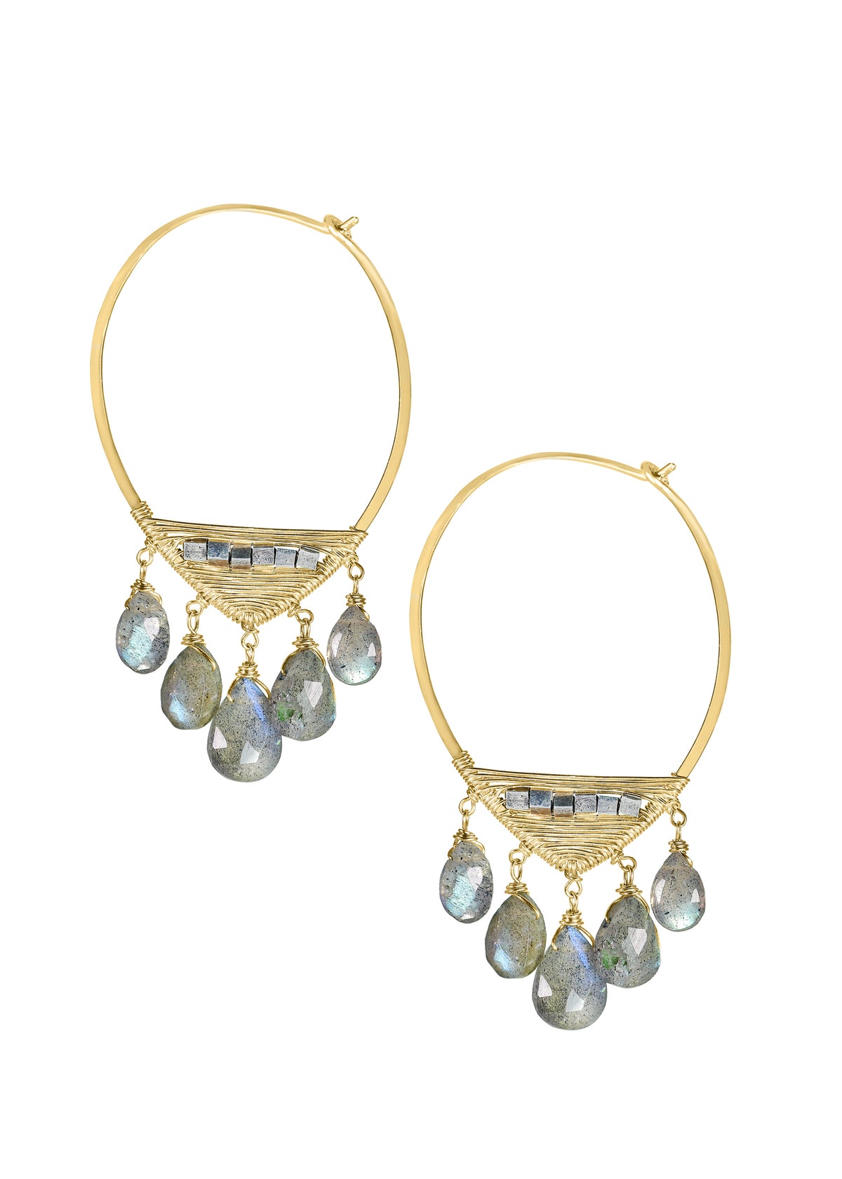 Labradorite 14k gold fill Sterling silver Mixed metal Earrings measure 1-13/16&quot; in length and 1&quot; in width at the widest point Handmade in our Los Angeles studio