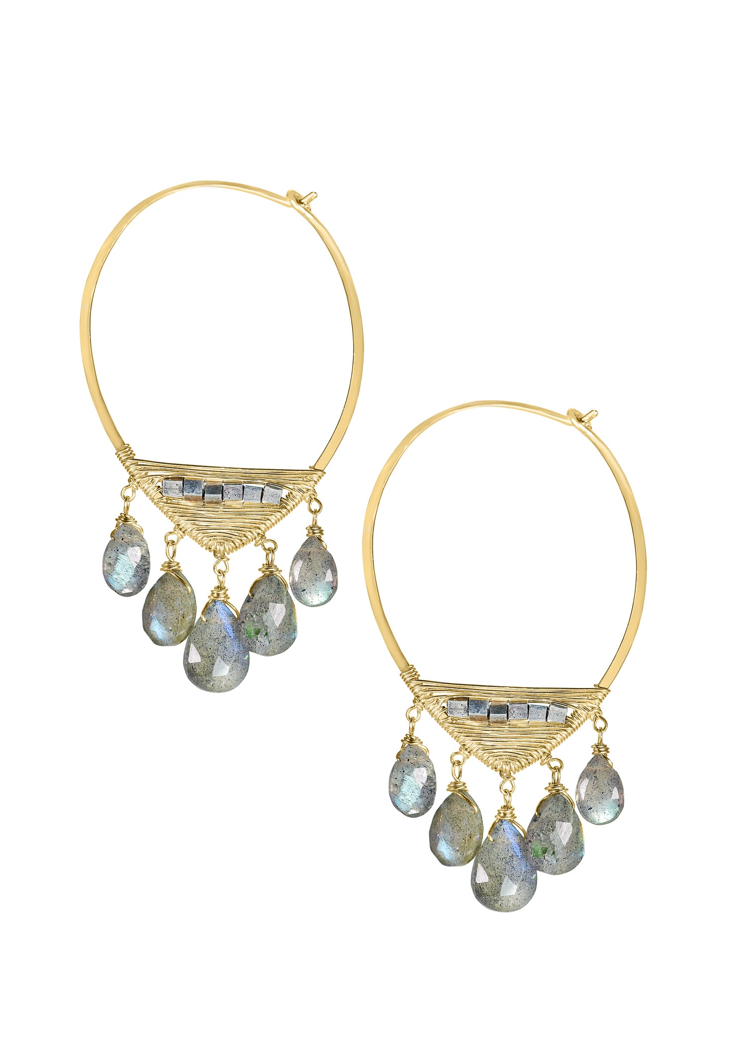 Labradorite 14k gold fill Sterling silver Mixed metal Earrings measure 1-13/16" in length and 1" in width at the widest point Handmade in our Los Angeles studio