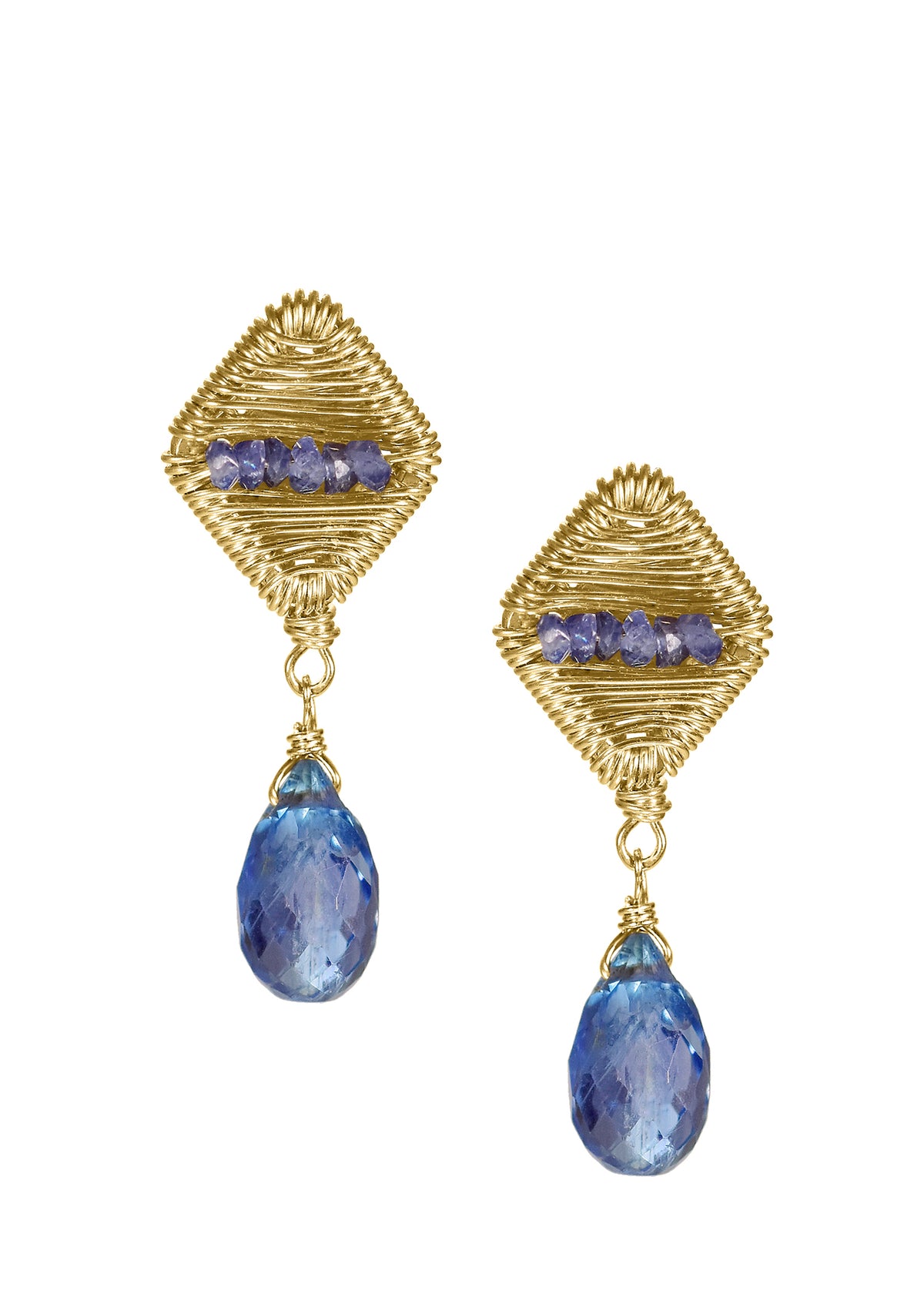 Blues sapphire Kyanite 14k gold fill Earrings measure 7/8&quot; in length and 5/16&quot; in width at the widest point Handmade in our Los Angeles studio