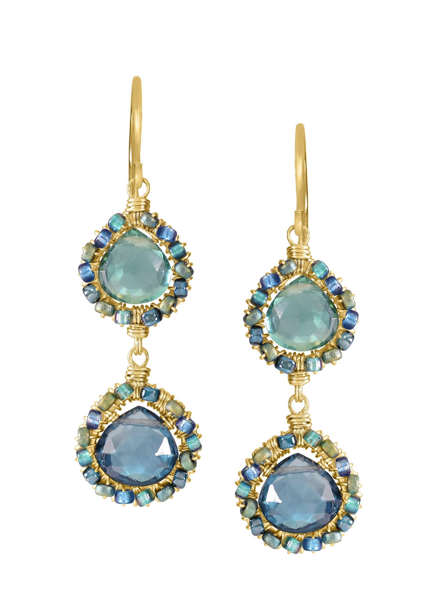 Green quartz Blue quartz Seed beads 14k gold fill Earrings measure 1-5/16" in length (including ear wires) and 3/8" in width at the widest point Handmade in our Los Angeles studio