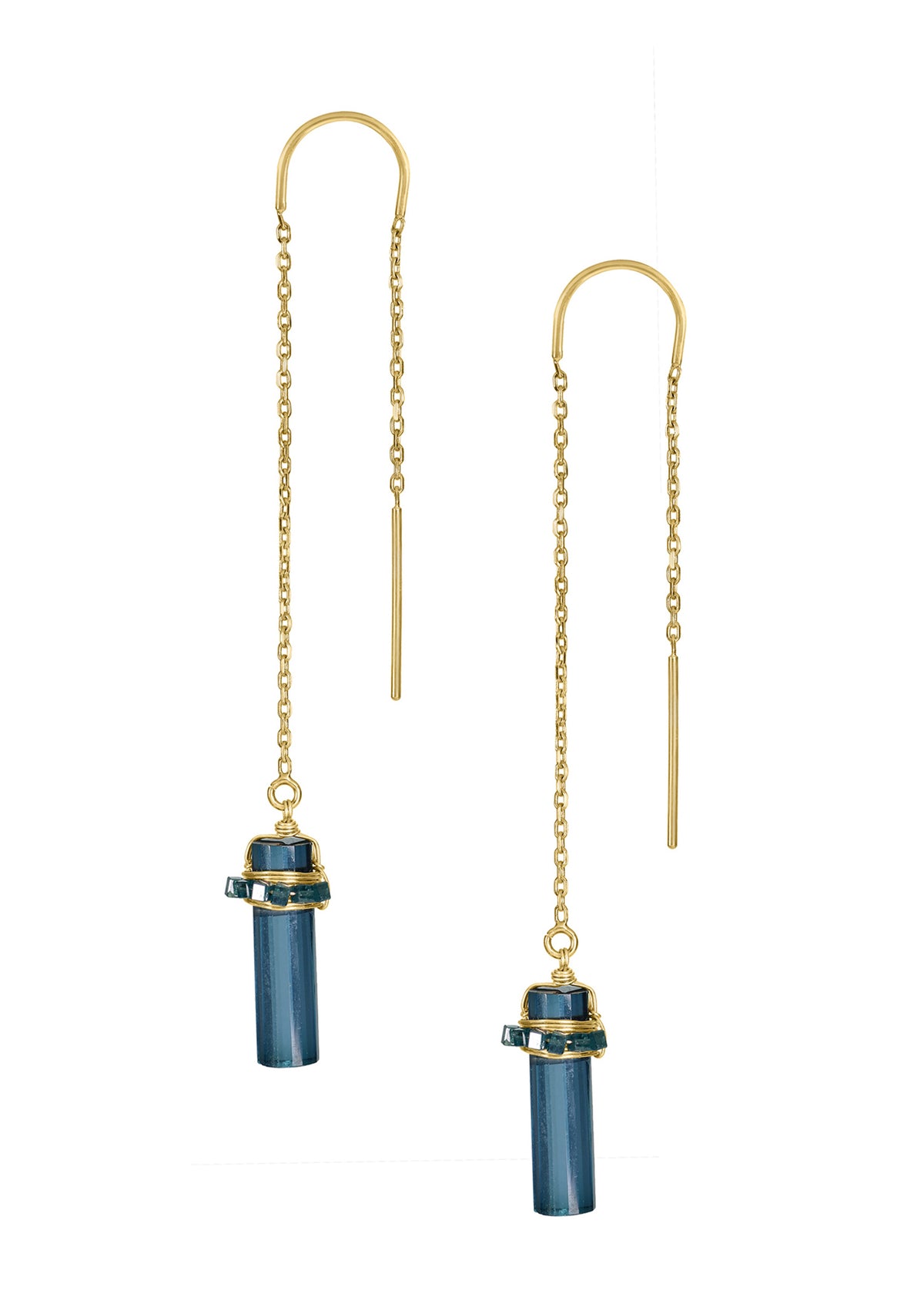 Diamond London blue quartz 14k gold Earrings measure 4&quot; in length (including ear wires) and 3/16&quot; in width Handmade in our Los Angeles studio