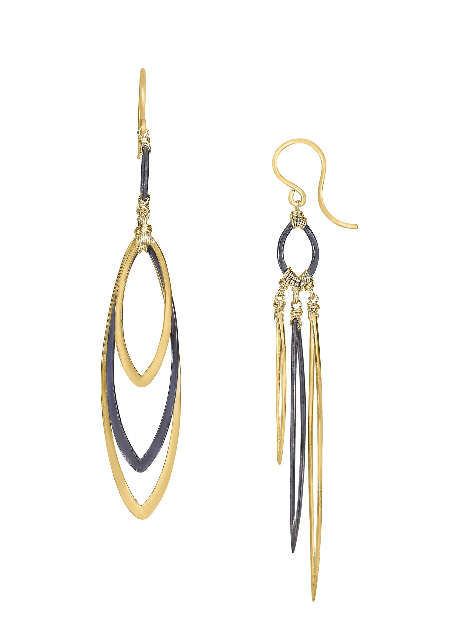 14k gold fill Blackened sterling silver Earrings measure 2-3/4" in length (including the ear wires) and 1/2" in width at the widest point Handmade in our Los Angeles studio