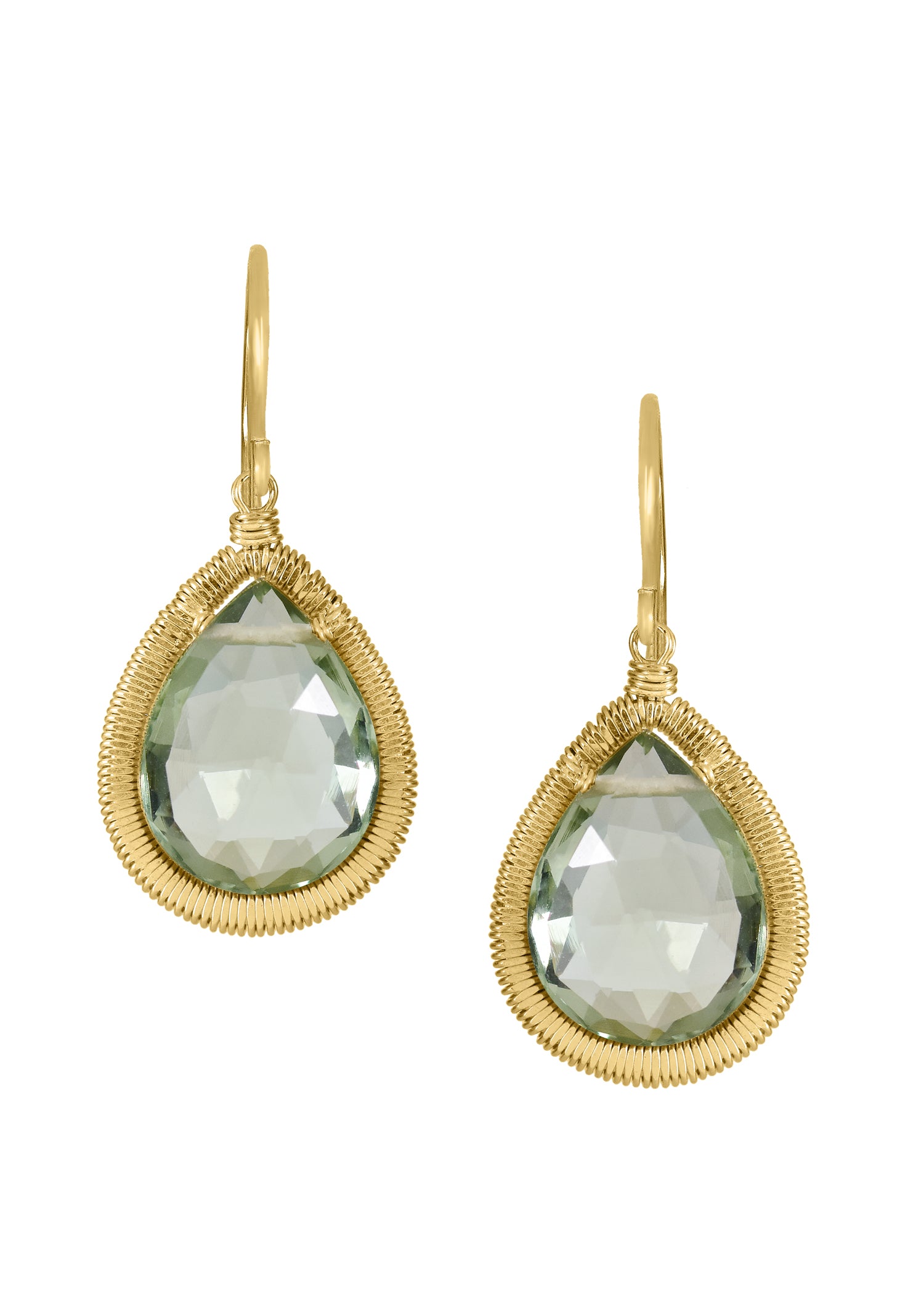 Green quartz 14k gold fill Earrings measure 1" in length (including the ear wires) and 1/2" in width at the widest point Handmade in our Los Angeles studio