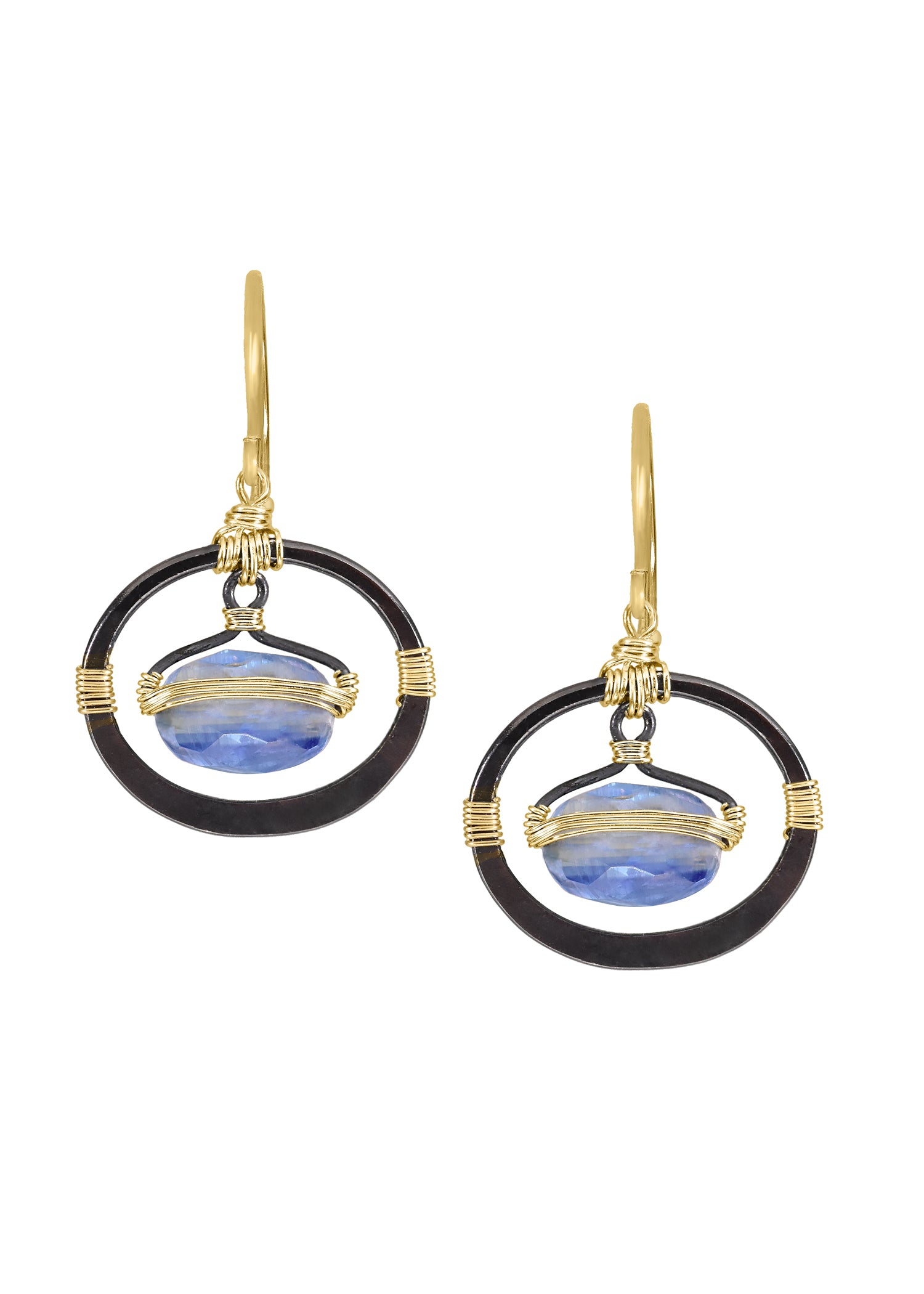 Kyanite 14k gold fill Blackened silver Mixed metal Earrings measure 1" in length (including the ear wires) and 5/8" in width at the widest point Handmade in our Los Angeles studio