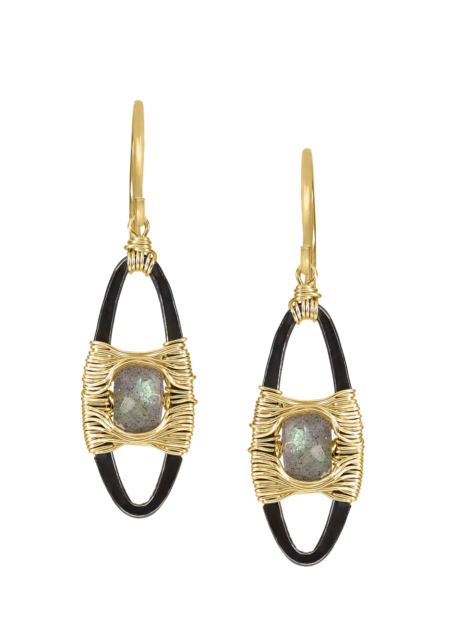 Labradorite 14k gold fill Sterling silver Mixed metal Earrings measure 1-1/4" in length (including the ear wires) and 3/8" in width at the widest point Handmade in our Los Angeles studio
