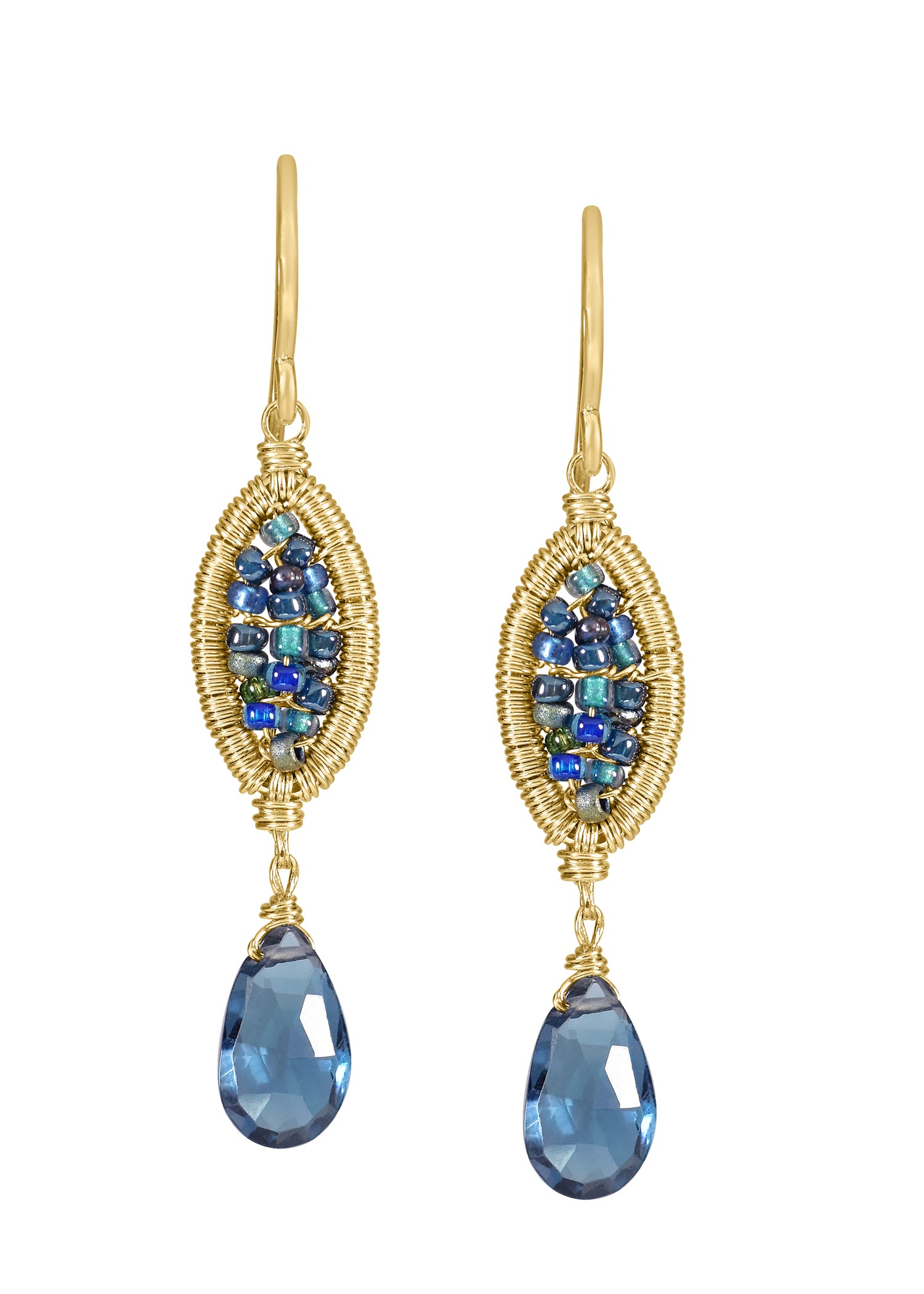 London blue topaz Seed beads 14k gold fill Earrings measure 1-1/2" in length (including the ear wires) and 1/4" in width at the widest point Handmade in our Los Angeles studio