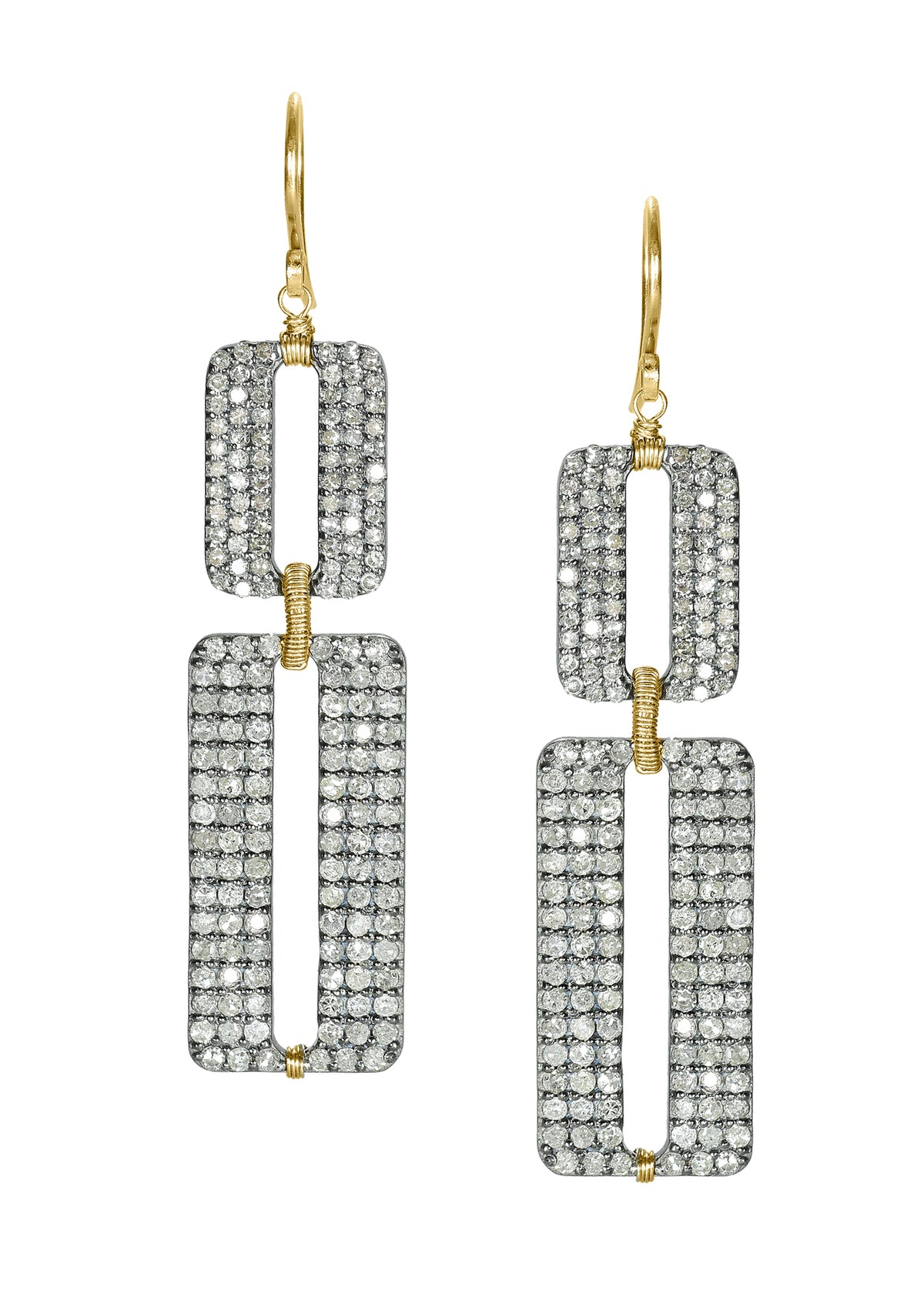 Diamond earrings in 14k gold and sterling silver with hand wire-wrapped rectangular deco links on ear wires.