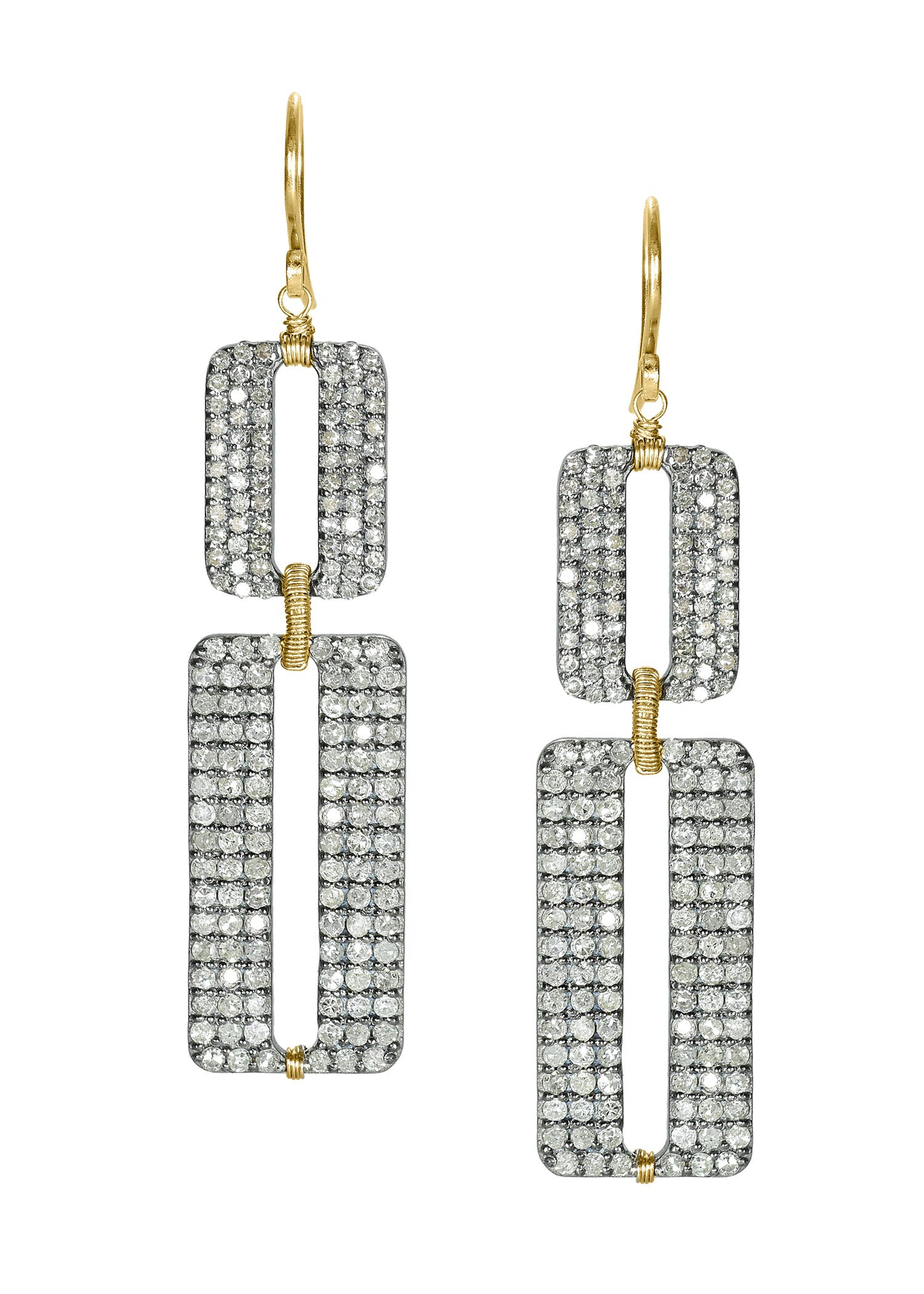Diamond earrings in 14k gold and sterling silver with hand wire-wrapped rectangular deco links on ear wires.