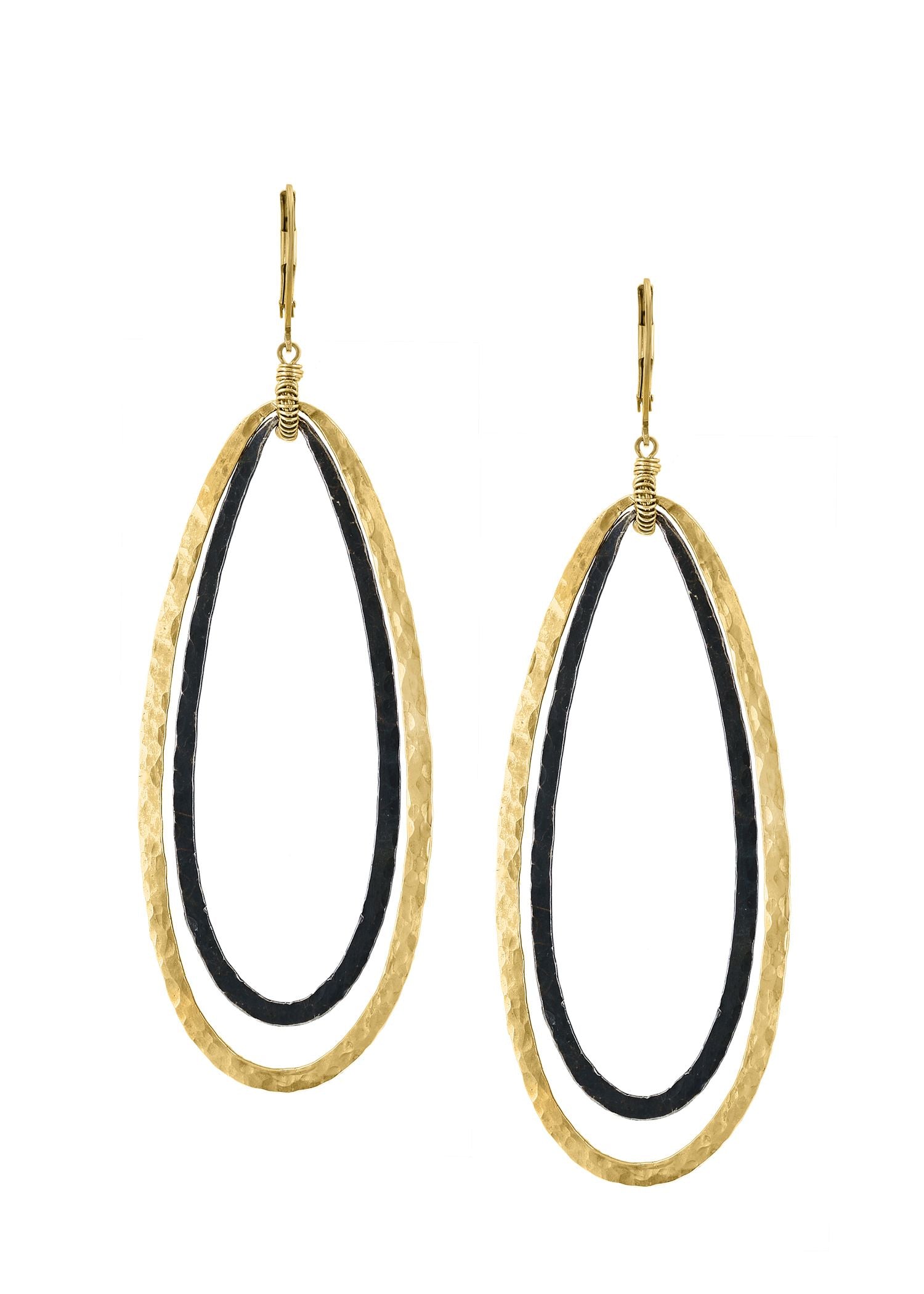 14k gold fill Blackened sterling silver Mixed metal Earrings measure 2-13/16" in length (including the levers) and 7/8" in width Handmade in our Los Angeles studio