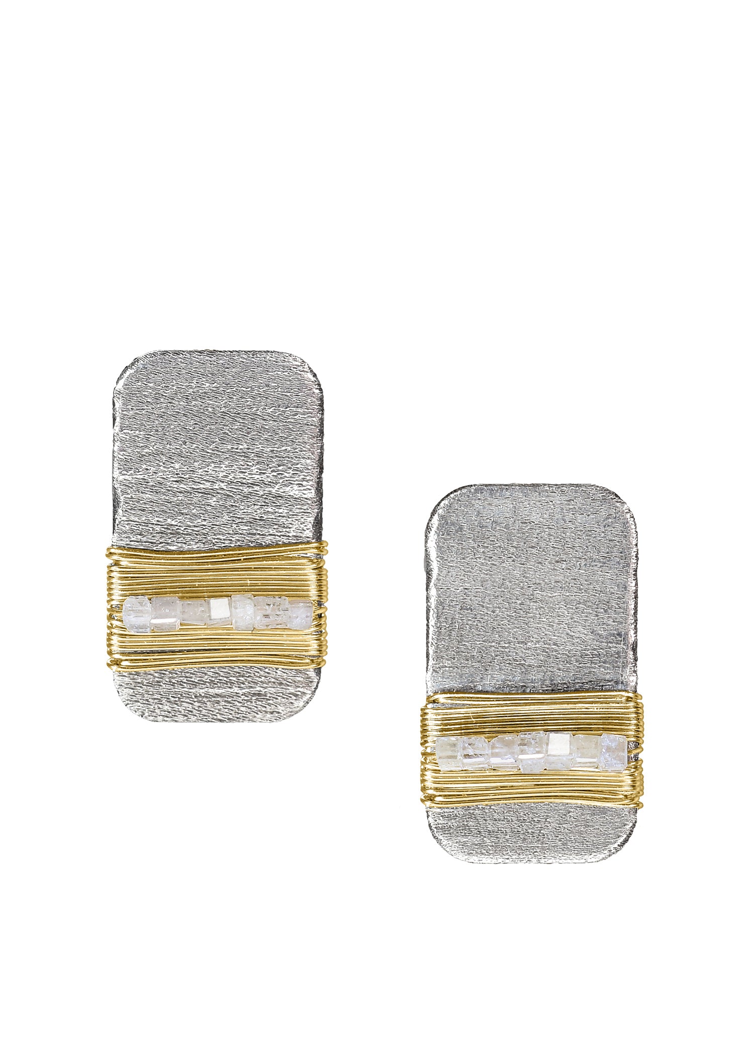 Diamond cube earrings in sterling silver and 14k gold with hand wire-wrapped details on rectangular etched bar posts.