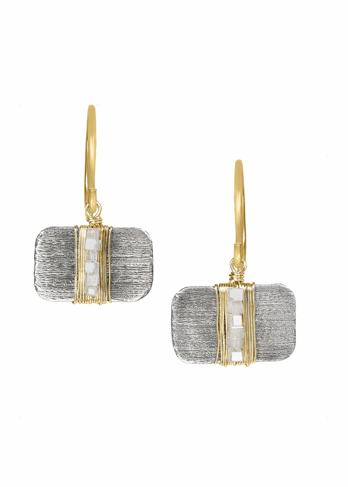 Diamond earrings with hand wire-wrapped 14k gold and sterling silver etched bar pendants and gray diamond cubes.