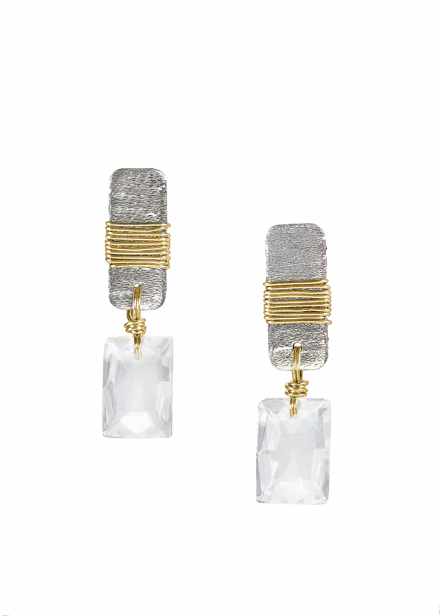 White topaz post earrings with hand wire-wrapped 14k gold and sterling silver etched rectangular bars.
