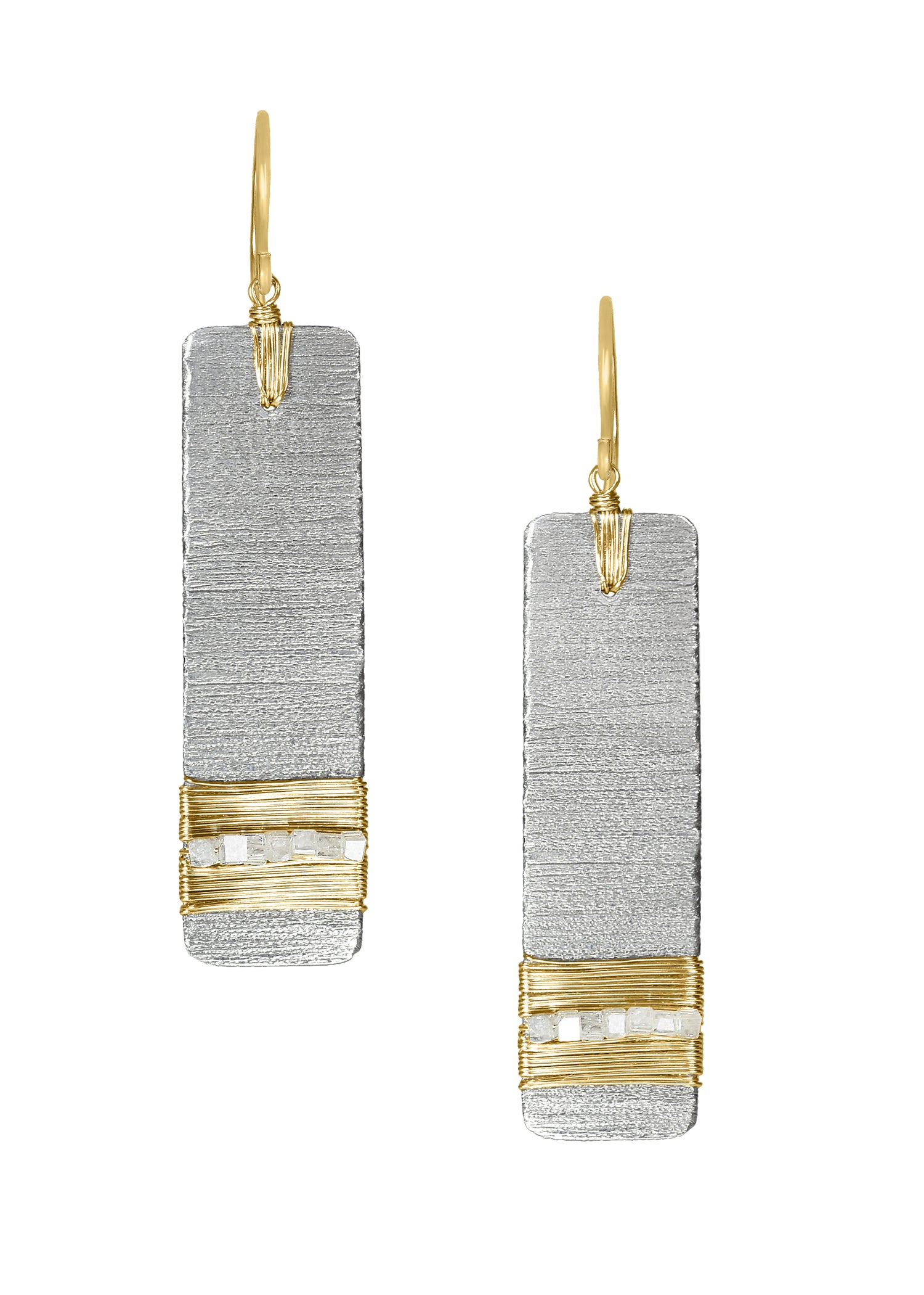 Diamond bar earrings in sterling silver and 14k gold with hand wire-wrapped gray diamond cubes on a rectangular drop.