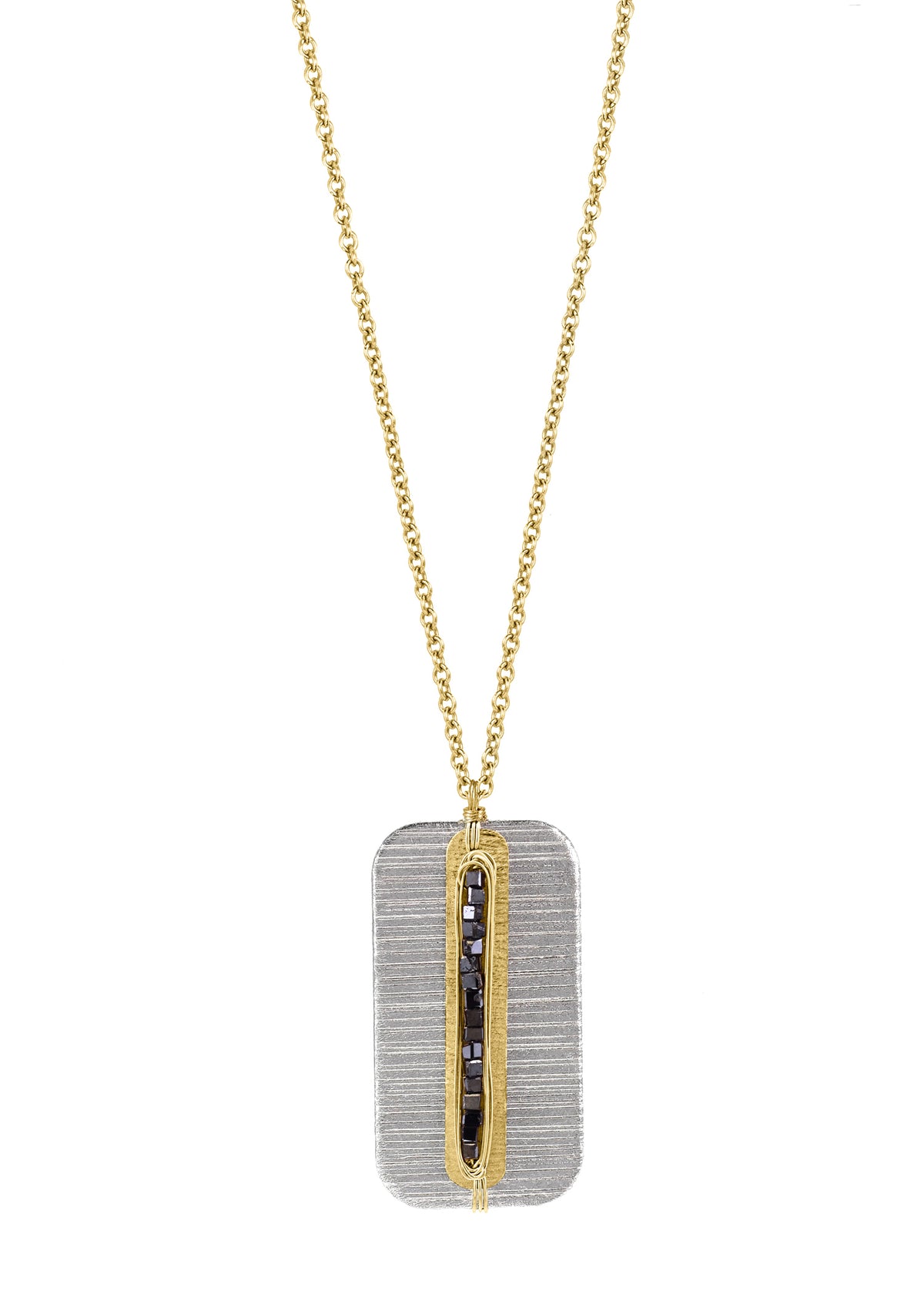 Dogtag necklace with black diamonds, 14k gold, and sterling silver on a 17-inch chain with hand wire-wrapped detail.