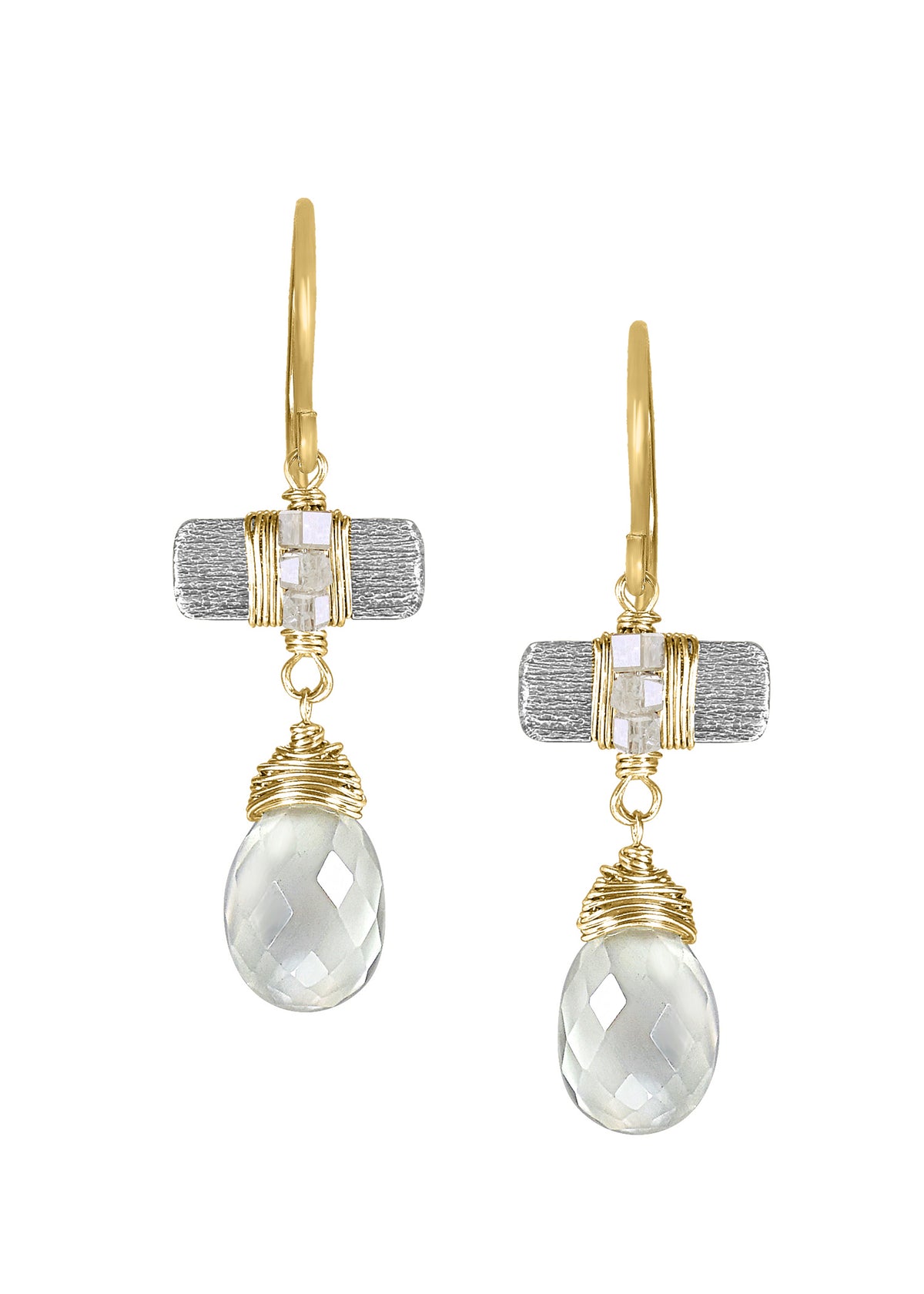 Drop earrings with gray moonstone and diamonds, hand wire-wrapped in 14k gold and etched sterling silver.