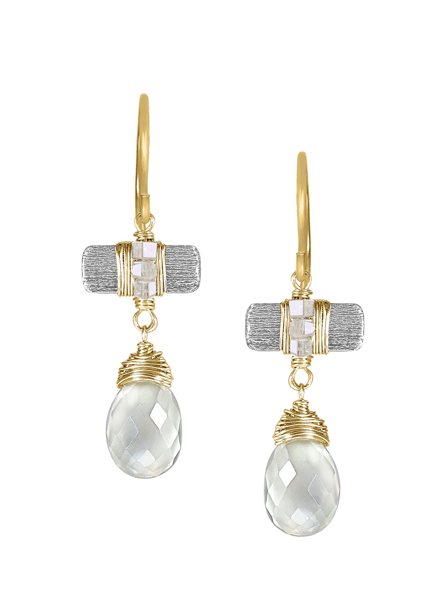 Drop earrings with gray moonstone and diamonds, hand wire-wrapped in 14k gold and etched sterling silver.