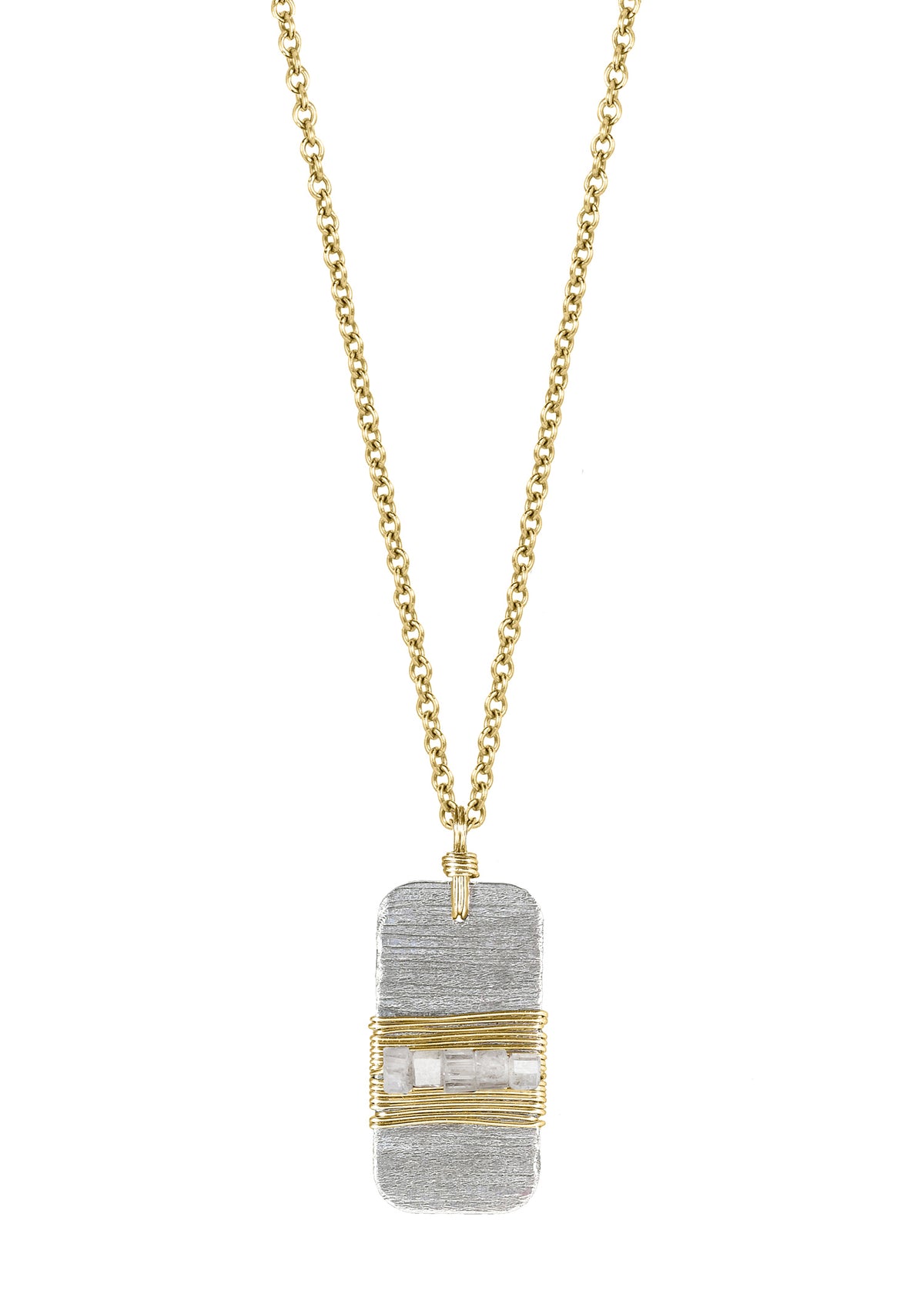 Etched silver necklace with diamond cubes, 14k gold accents, and hand wire-wrapped detail on a 17-inch chain.