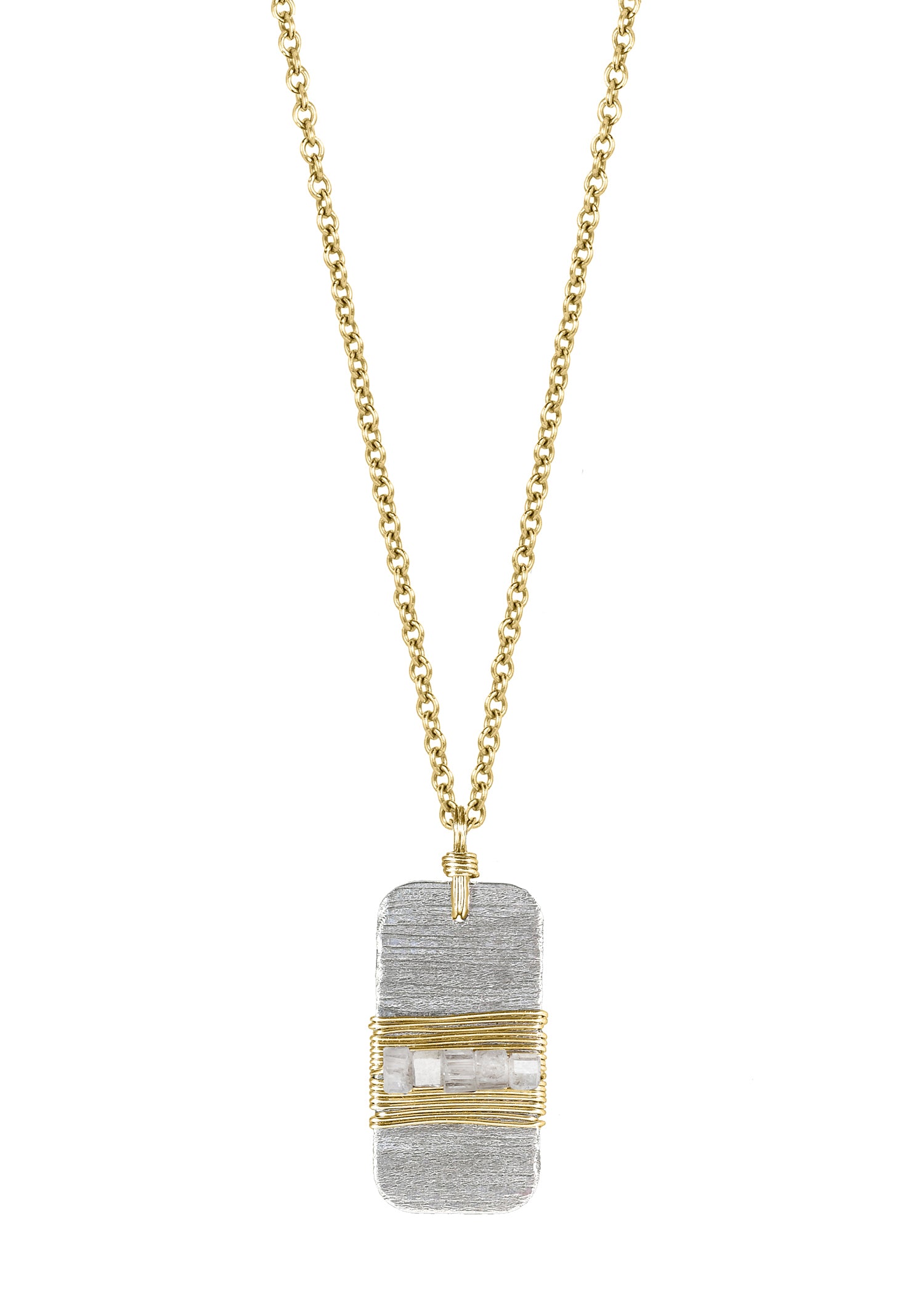 Etched silver necklace with diamond cubes, 14k gold accents, and hand wire-wrapped detail on a 17-inch chain.