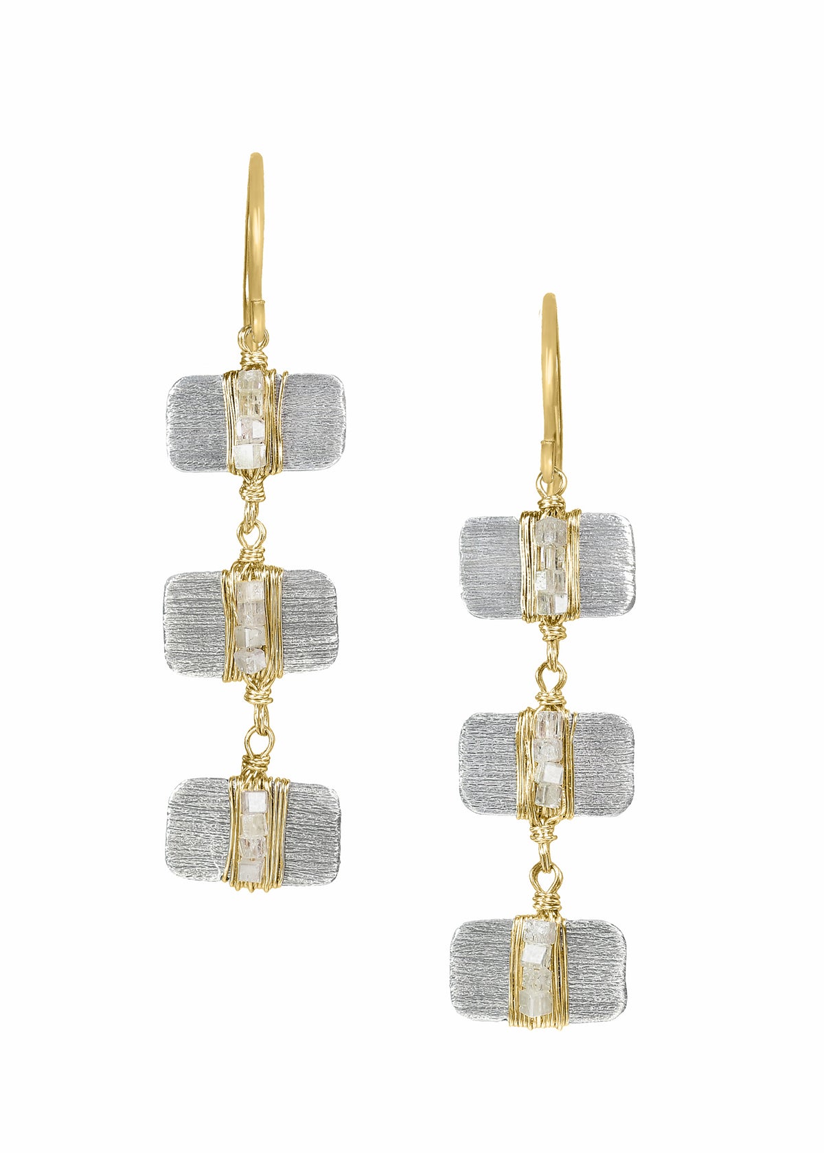 Triple bar earrings with gray diamond cubes, 14k gold, and sterling silver, featuring hand wire-wrapped rectangular bars.