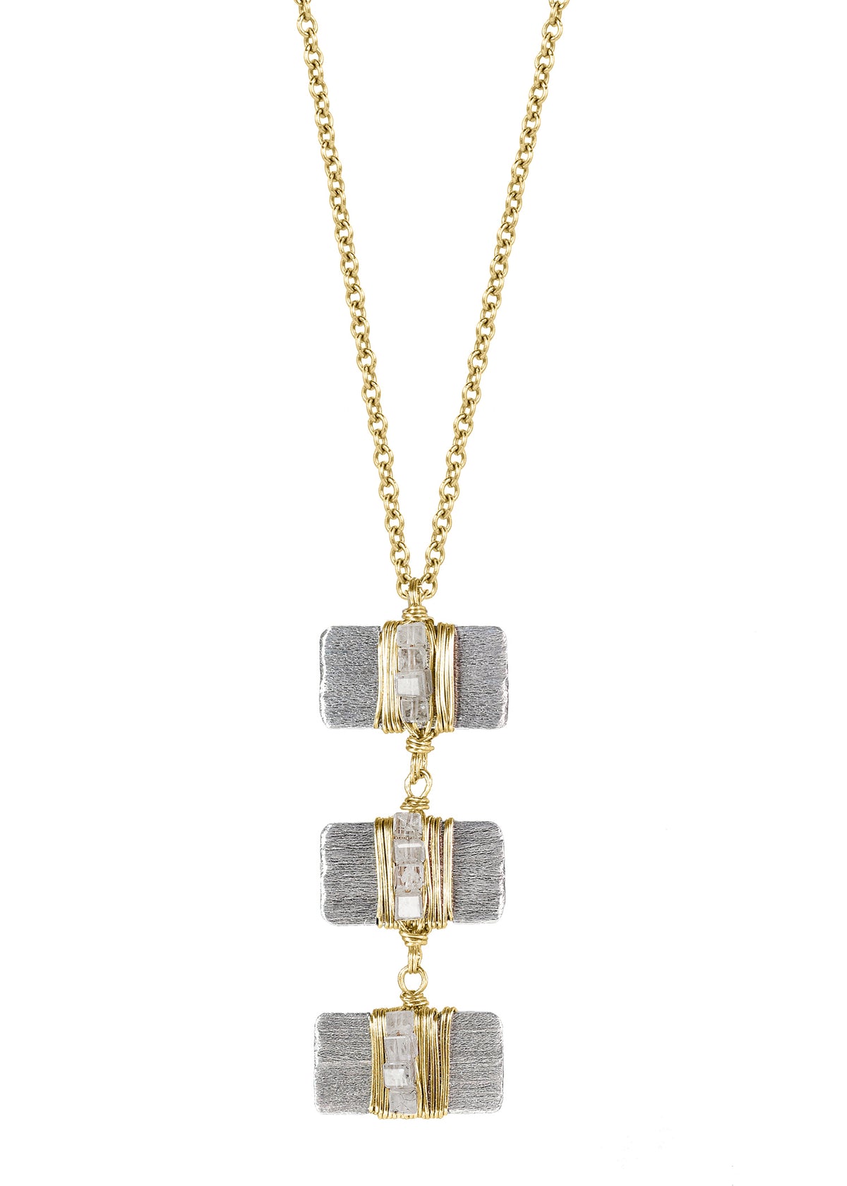 Diamond cube necklace with hand wire-wrapped silver bars and 14k gold accents on a chain.