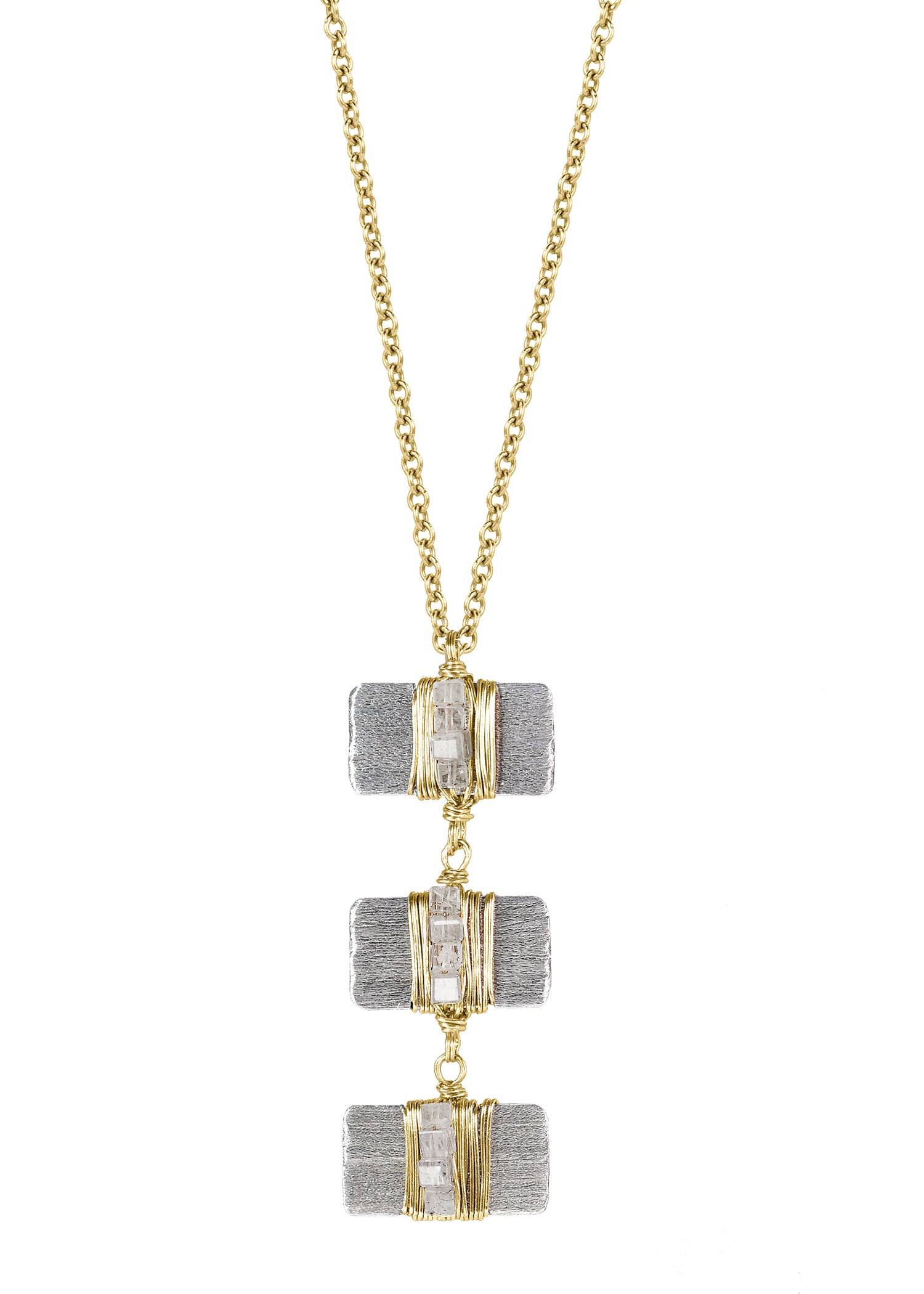 Diamond cube necklace with hand wire-wrapped silver bars and 14k gold accents on a chain.
