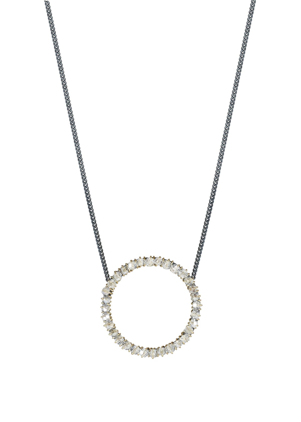 Crystal necklace with 14k gold fill and blackened sterling silver circular pendant on a 16-inch chain.
