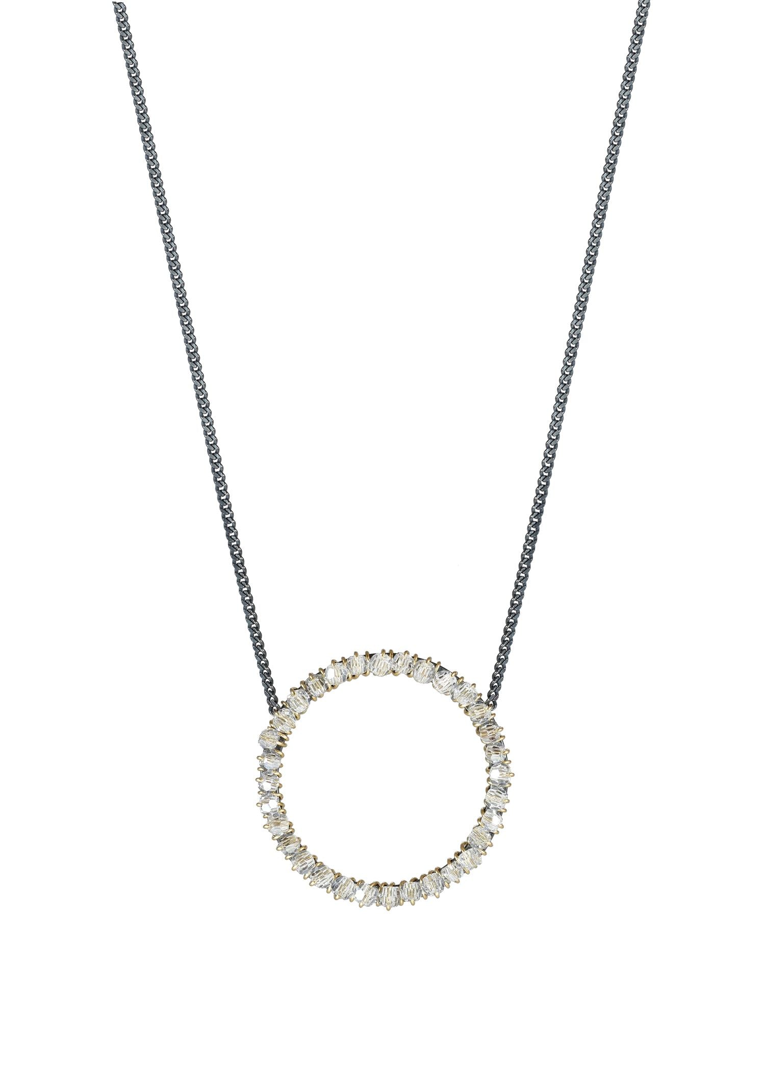 Crystal necklace with 14k gold fill and blackened sterling silver circular pendant on a 16-inch chain.