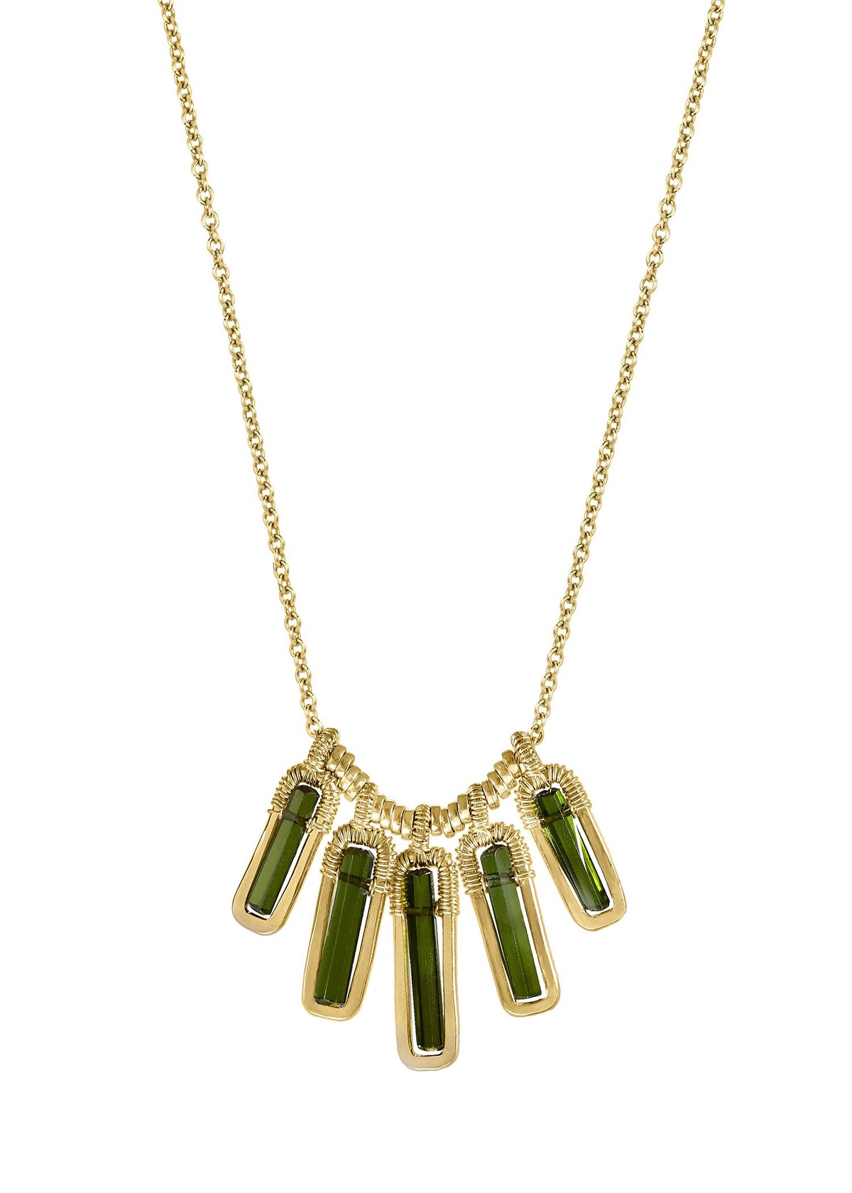 Green tourmaline necklace with 14k gold fill, featuring slender bar stones in hand wire-wrapped settings on a chain.