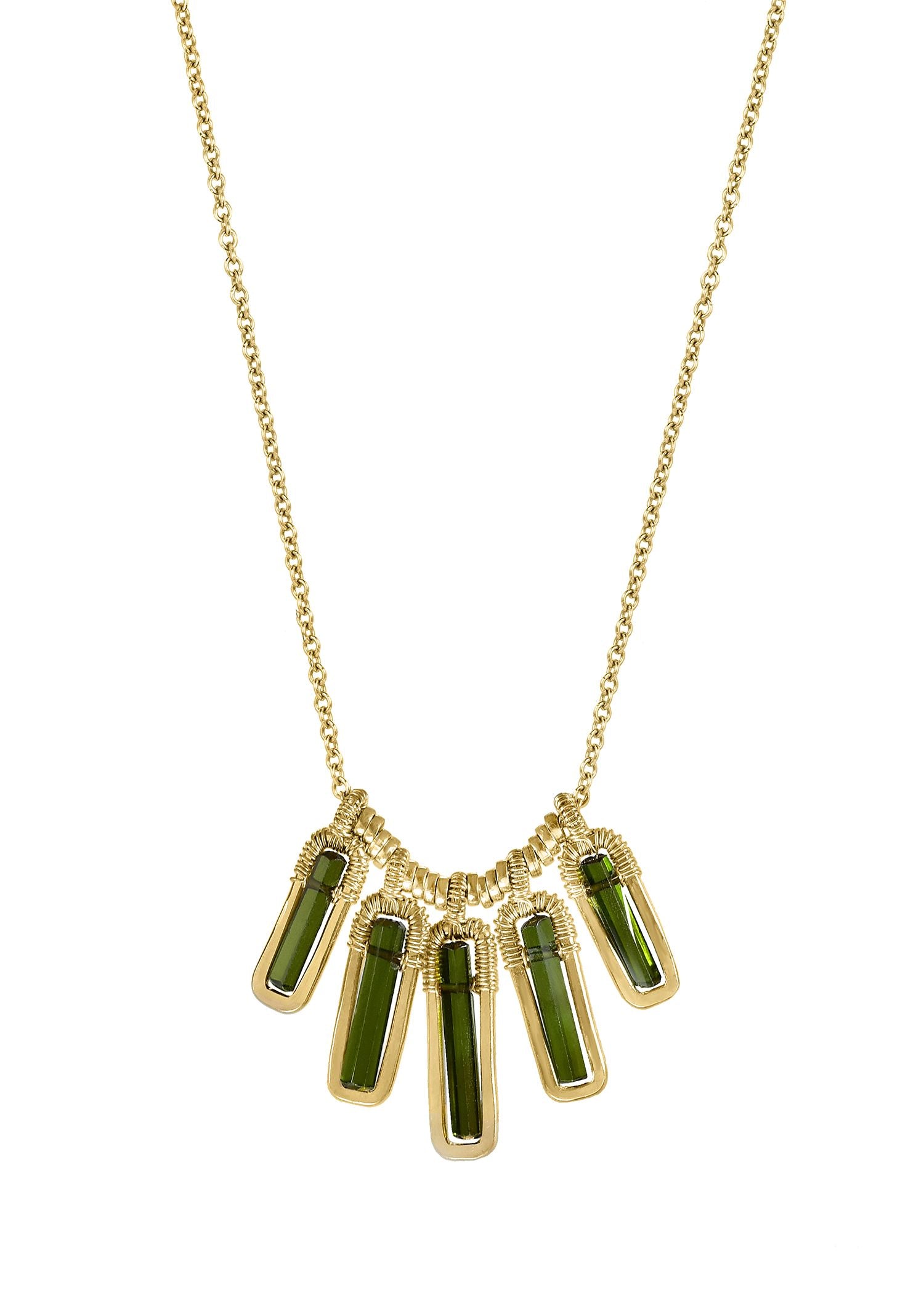 Green tourmaline necklace with 14k gold fill, featuring slender bar stones in hand wire-wrapped settings on a chain.