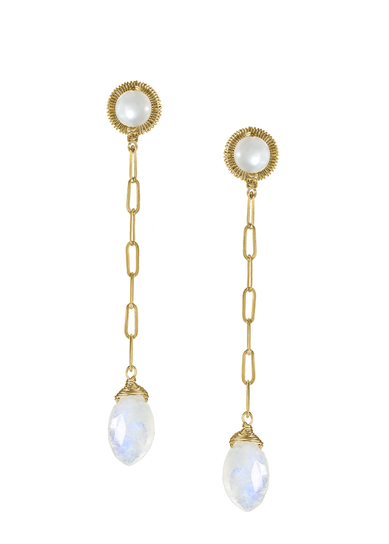 Rainbow moonstone Freshwater pearl 14k gold fill Pearl posts measure 5/16" in diameter Earrings measure 2-1/8" in total length Handmade in our Los Angeles studio