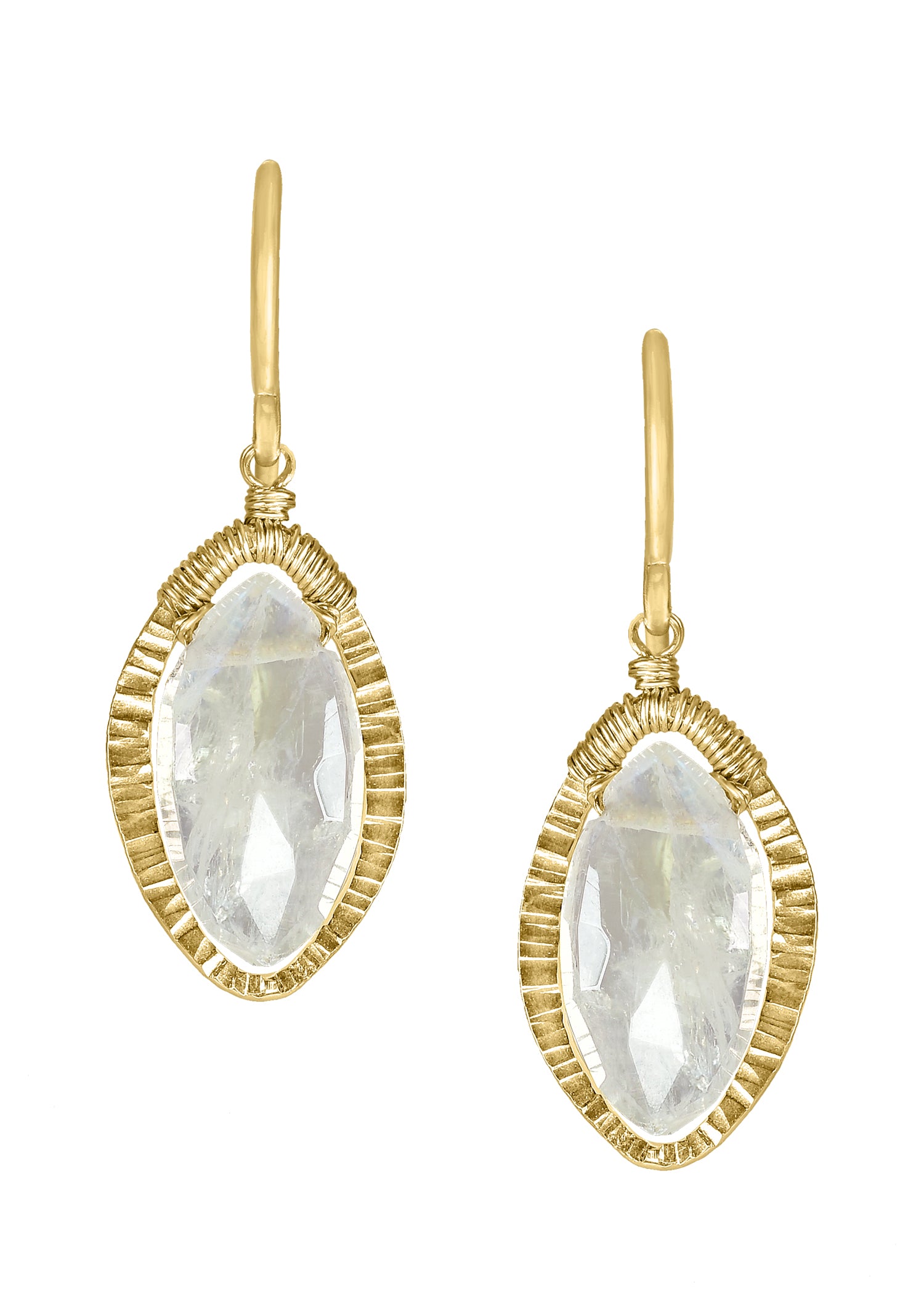 Rainbow moonstone 14k gold fill Earrings measure 1-1/8" in length and 3/8" in width at the widest point Handmade in our Los Angeles studio